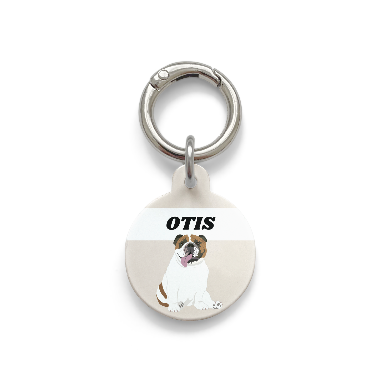 Bulldog illustration on a circular dog ID tag with a beige background and silver ring.