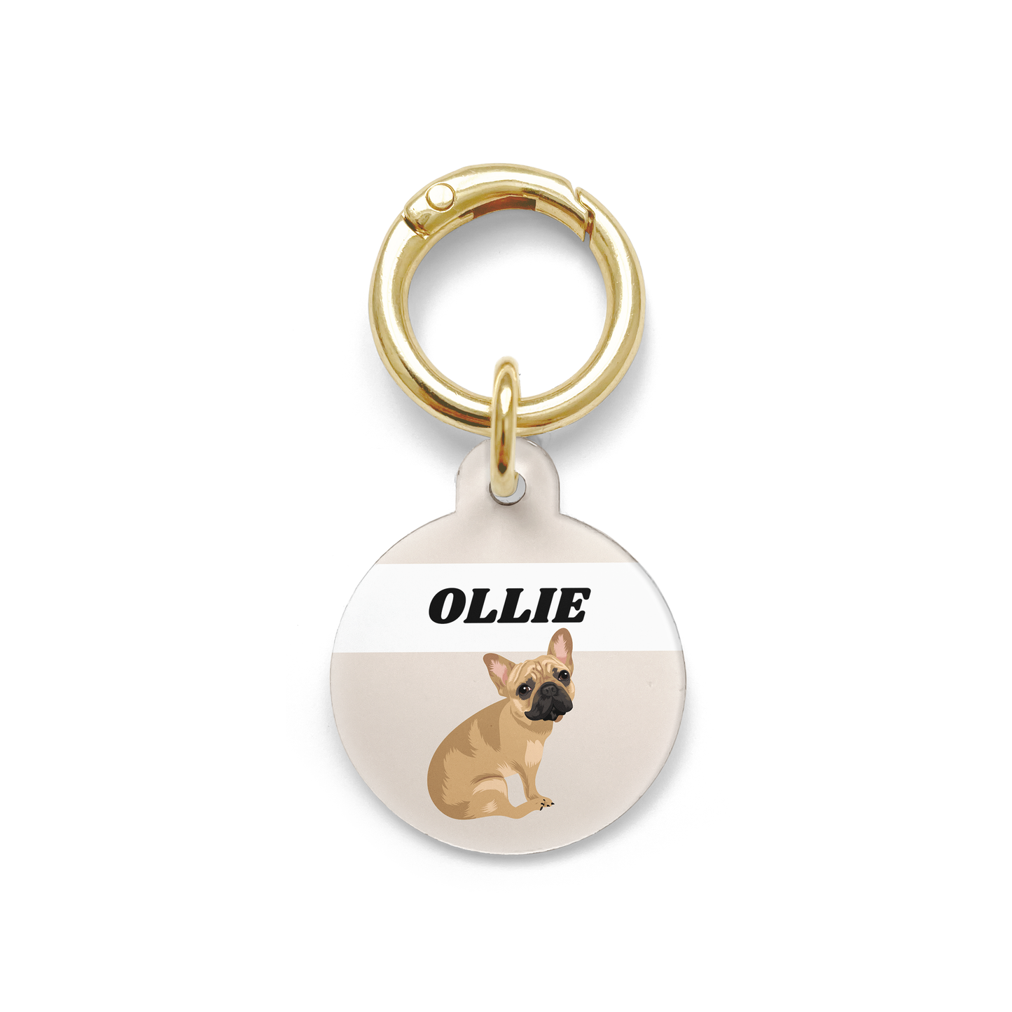 French Bulldog illustration on a circular dog ID tag with a beige background and gold ring.