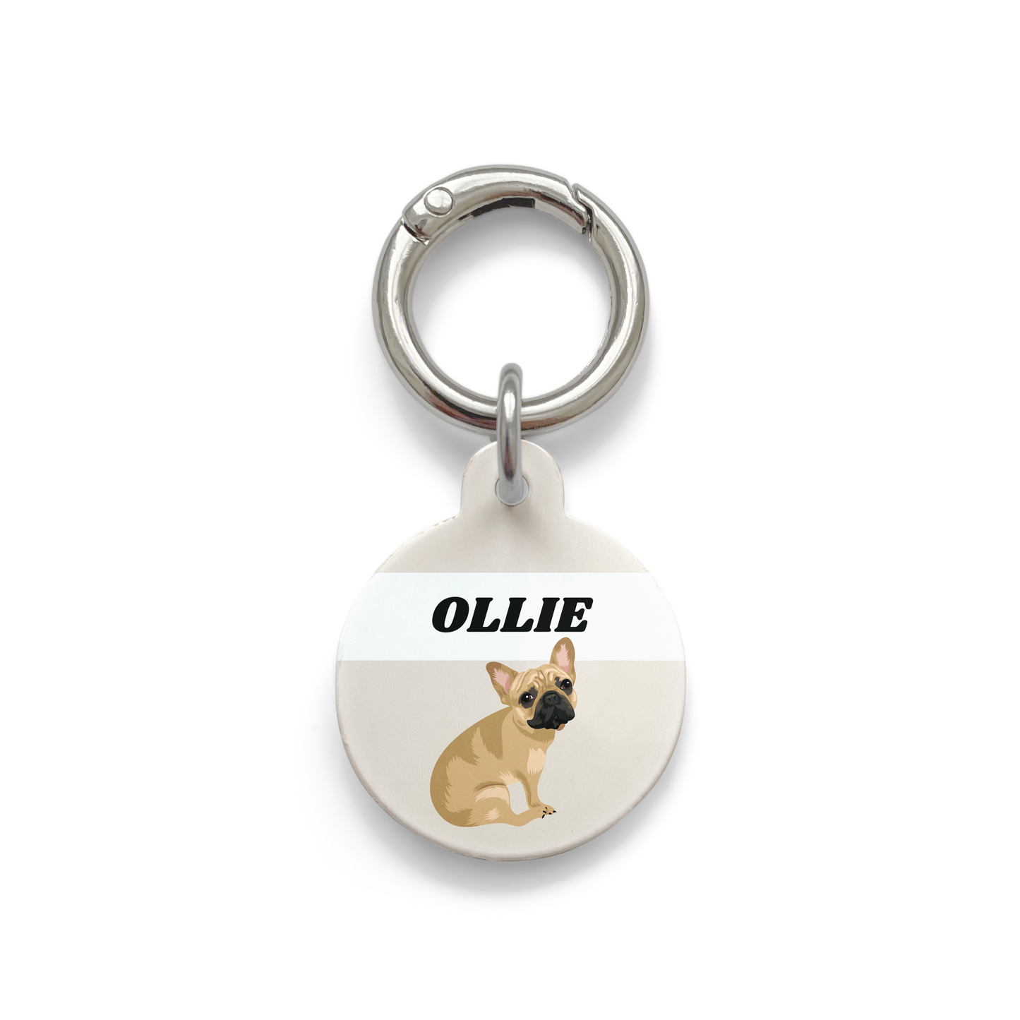 French Bulldog illustration on a circular dog ID tag with a beige background and silver ring.
