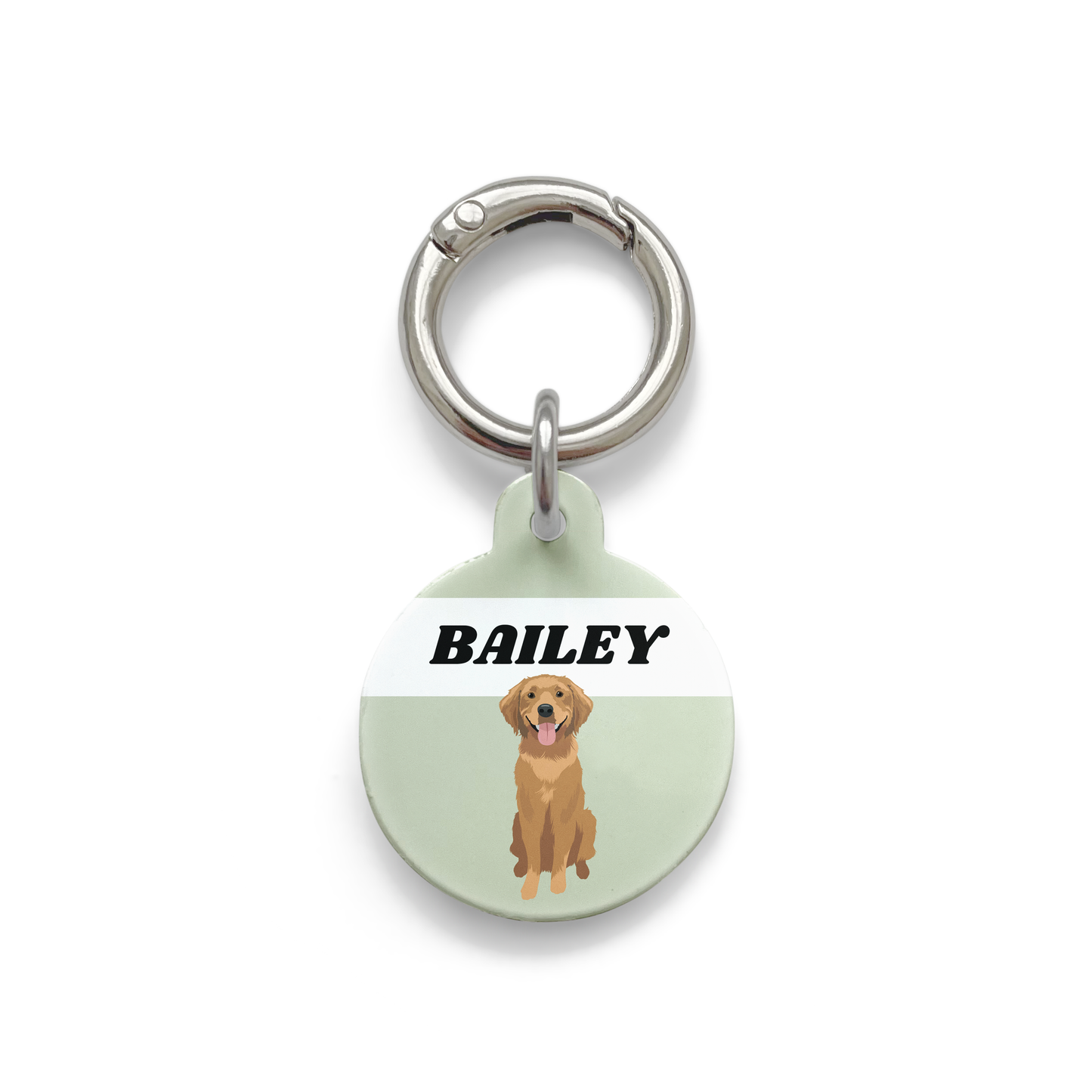 Golden Retriever illustration on a circular dog ID tag with a green background and silver ring.