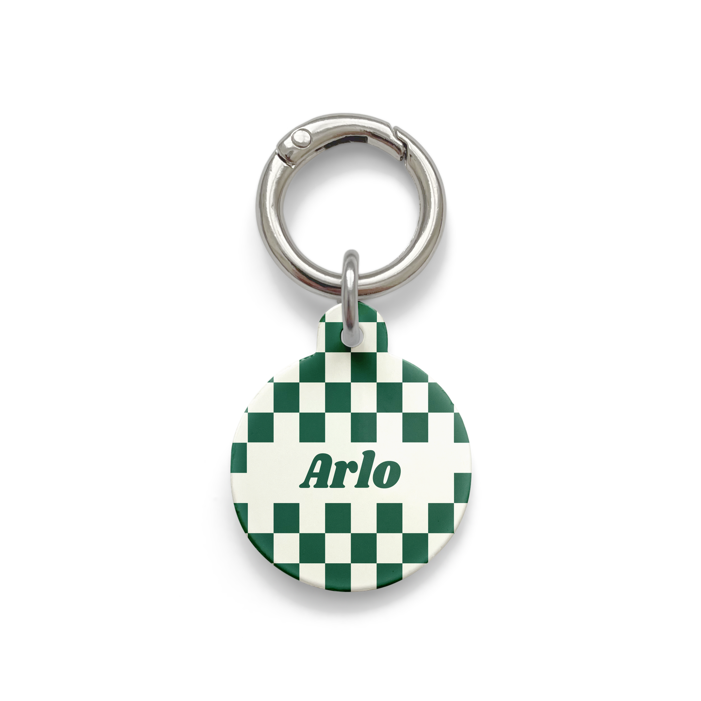 Green and white checker styled Pet ID tag in a circular shape with a silver ring.