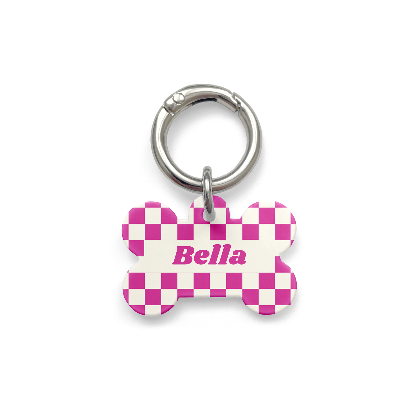 Pink and white checker styled Pet ID tag in a bone shape with a silver ring.