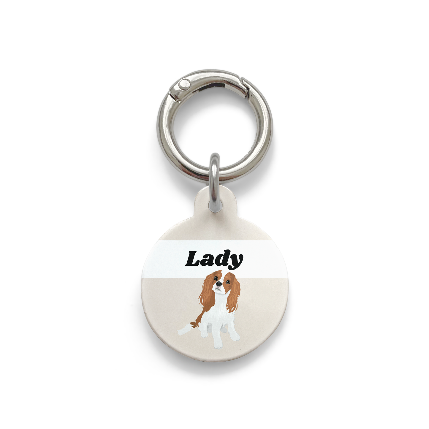 King Charles Cavalier illustration on a circular dog ID tag with a beige background and silver ring.