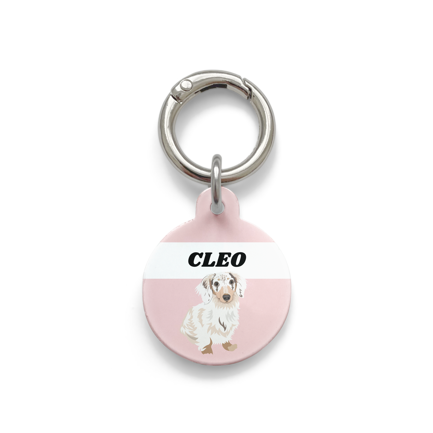 Long Haired Dachshund illustration on a circular dog ID tag with a pink background and silver ring.
