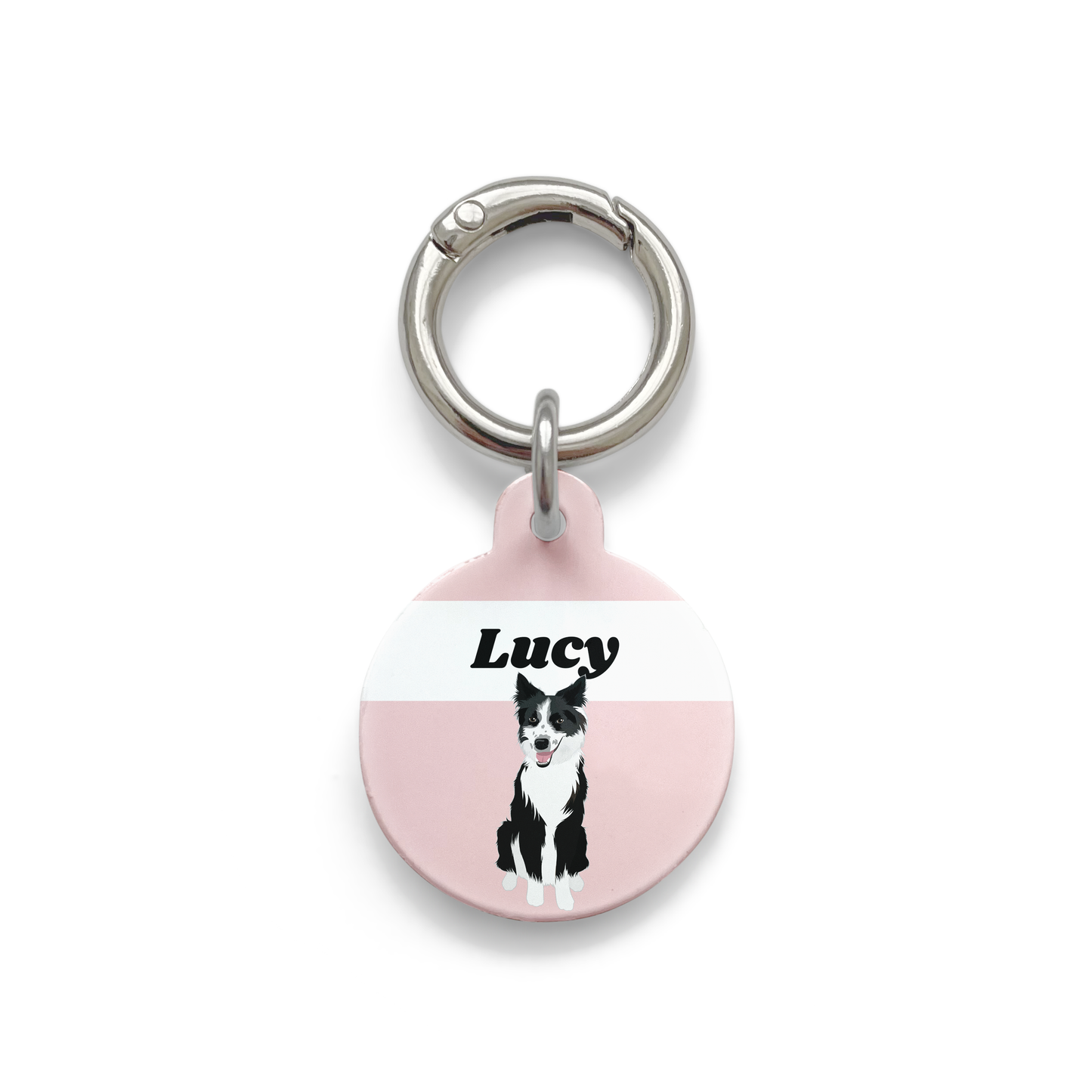Border Collie illustration on a circular dog ID tag with a pink background and silver ring.