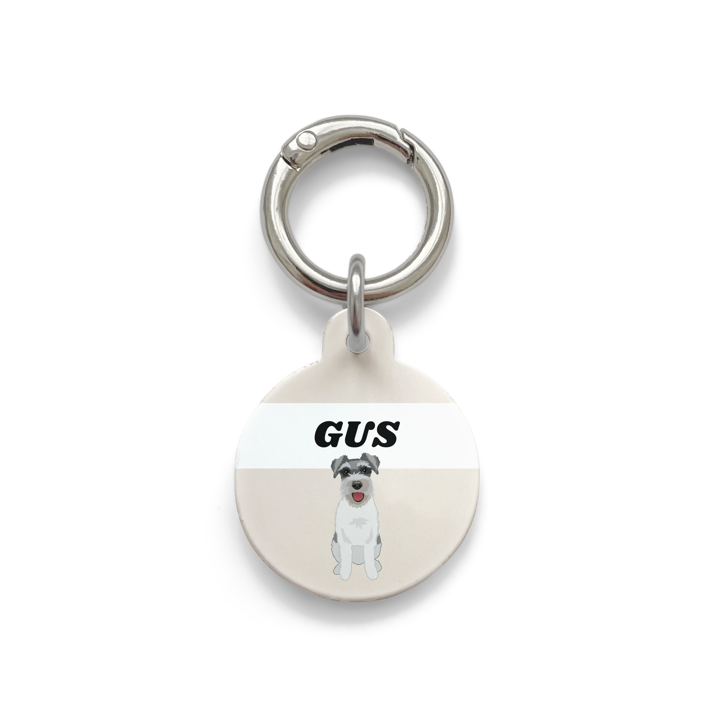 Schnauzer illustration on a circular dog ID tag with a beige background and silver ring.