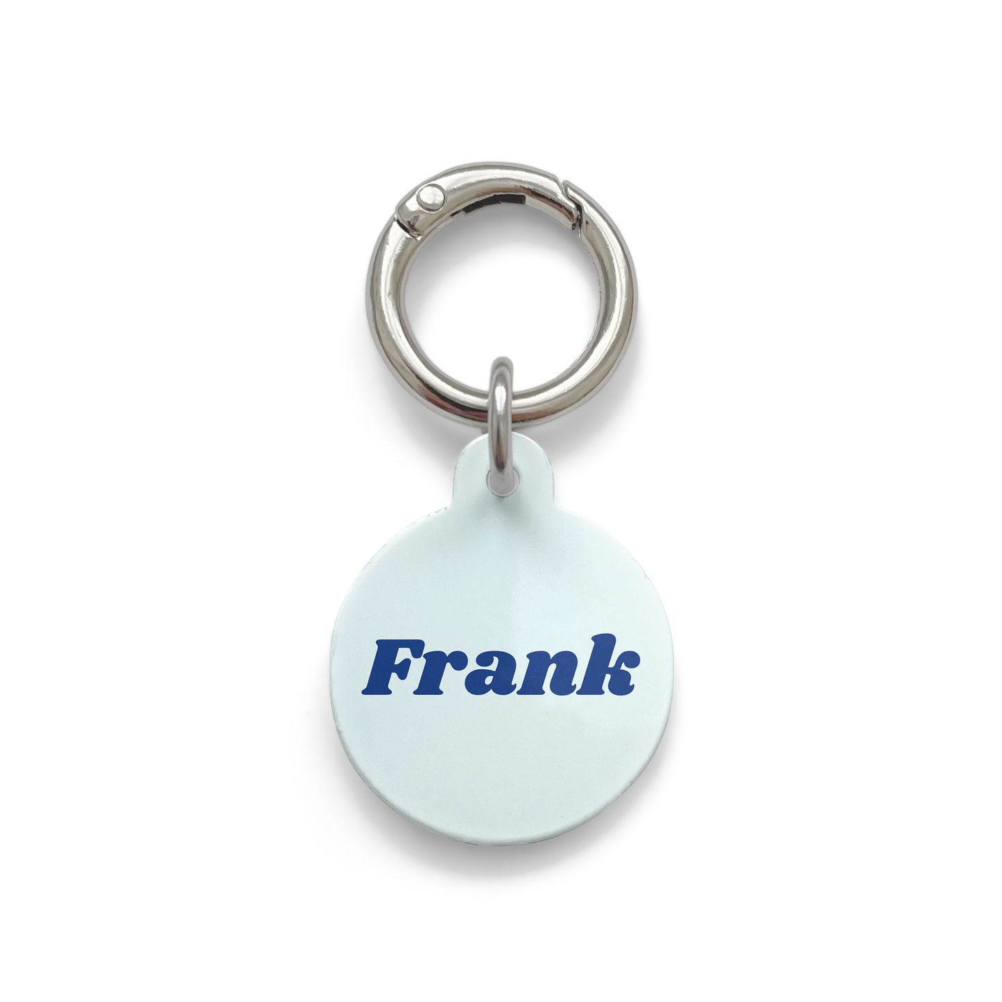 Blue Pet ID Tag in a circle shape with a silver ring.