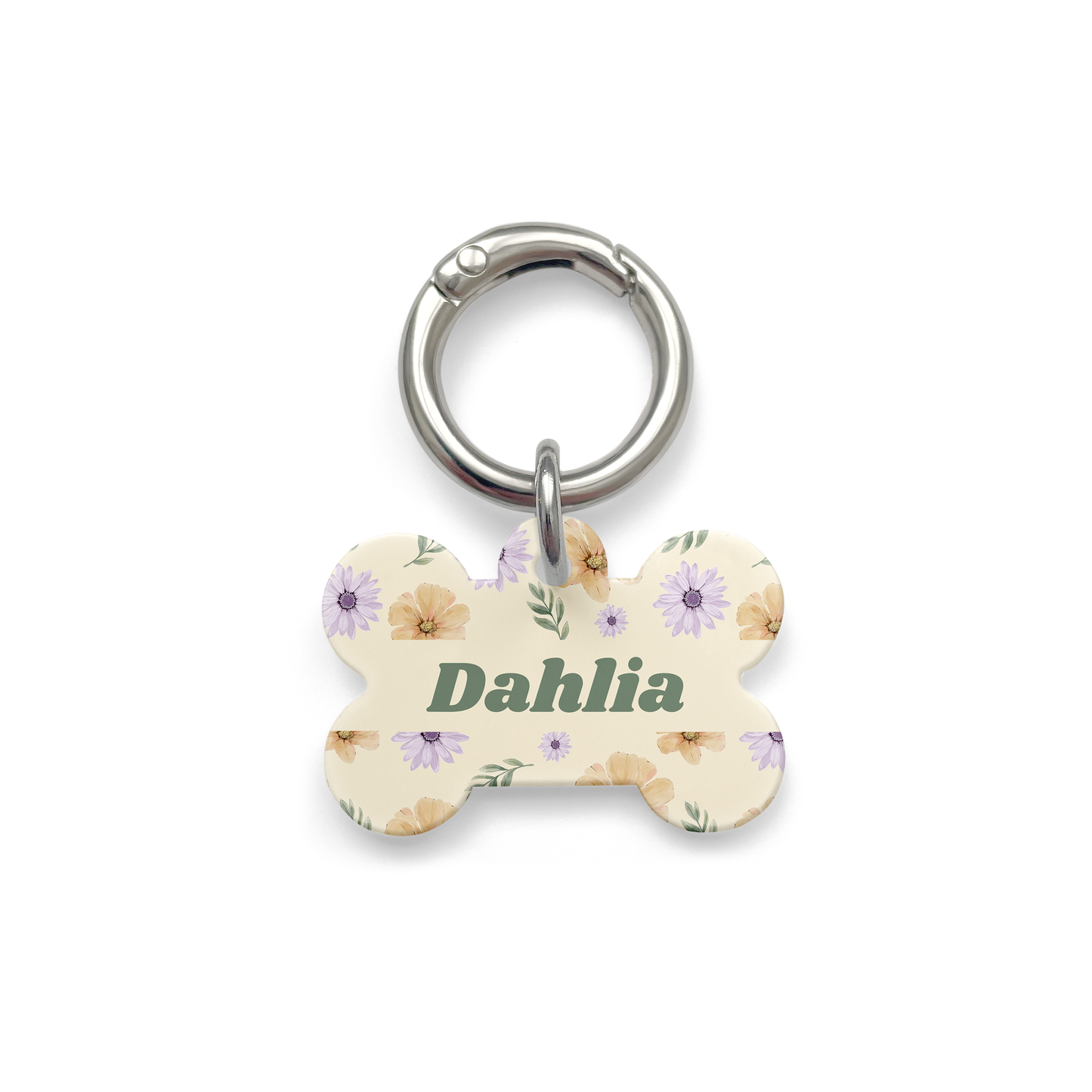 Summer flowers with purple and orange hues spread on a bone shaped pet ID tag with a silver ring.