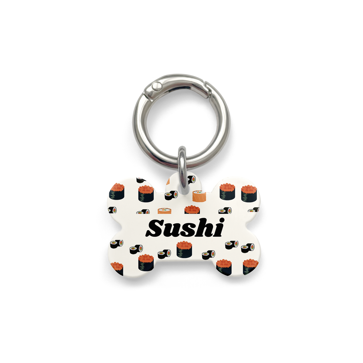 Bone shaped pet ID tag with a design showing various types of sushi with silver ring.