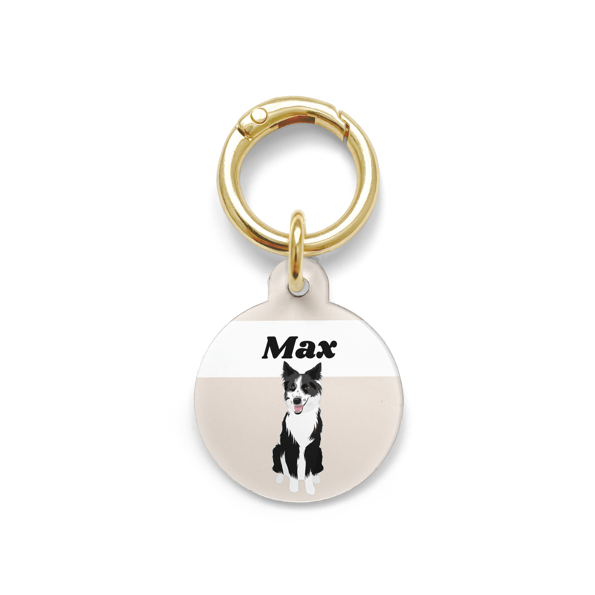 Border Collie illustration on a circular dog ID tag with a beige background and gold ring.
