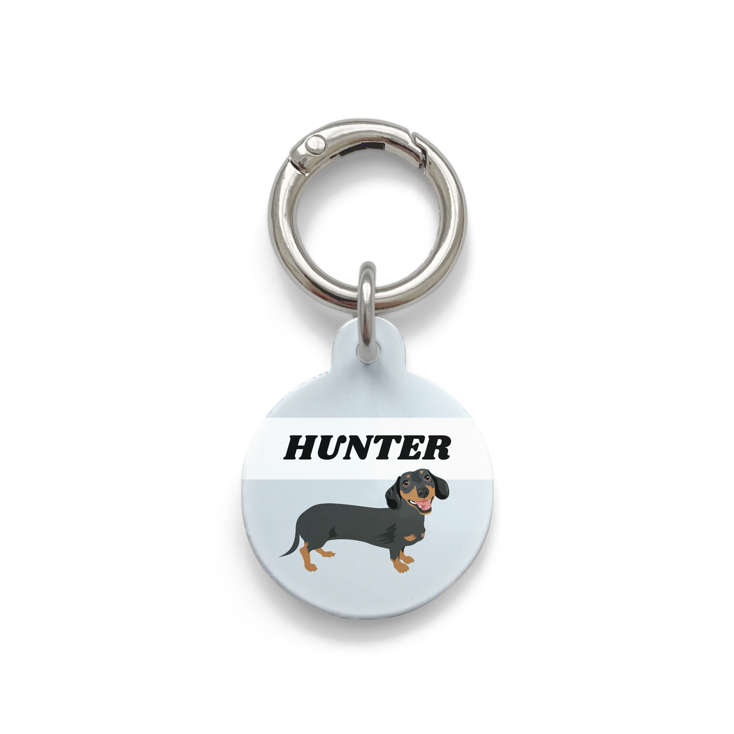 Black and tan dachshund illustration on a circular dog tag with a blue background and silver ring.