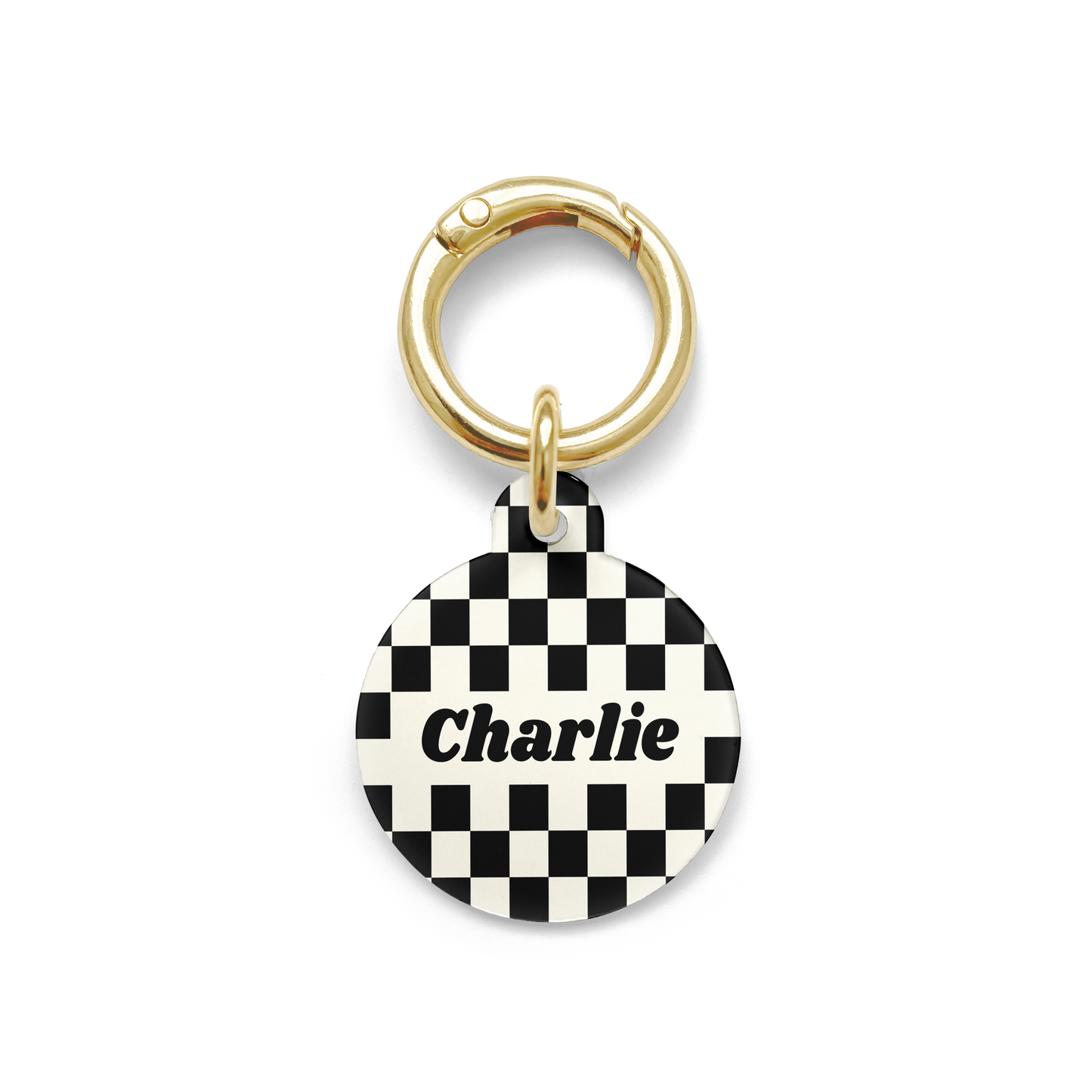 Black and white checkered Pet ID tag in a circle shape with a gold ring.