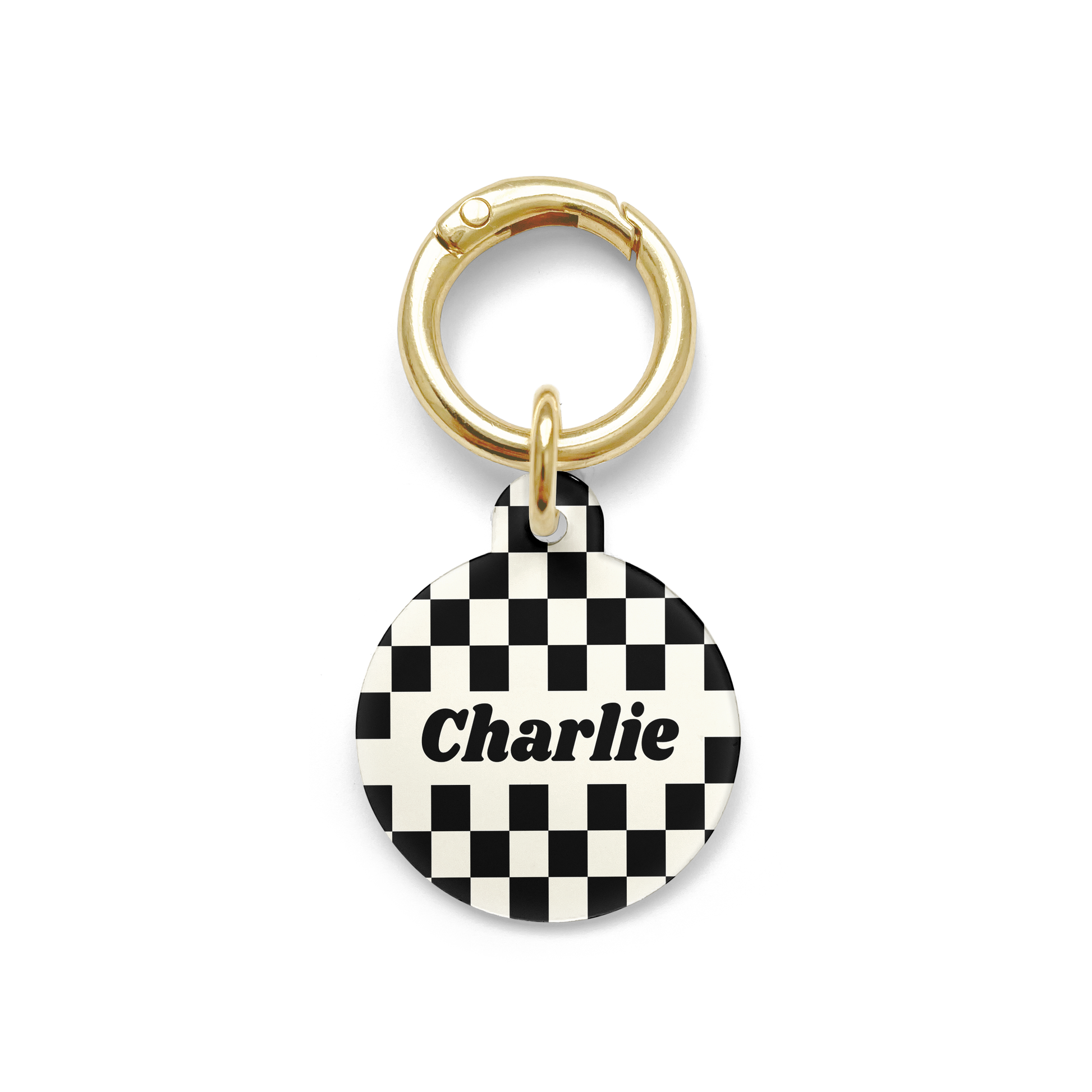 Black and white checkered Pet ID tag in a circle shape with a gold ring.