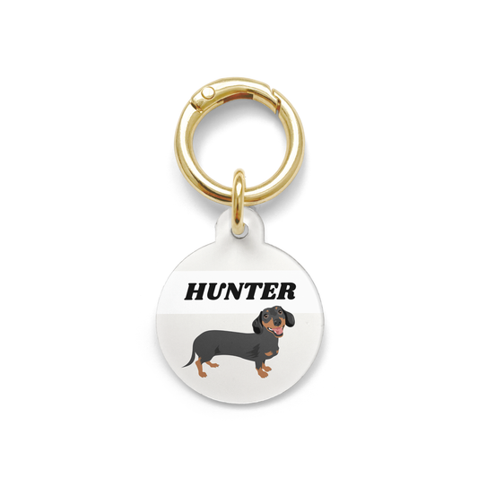 Black and tan dachshund illustration on a circular dog ID tag with a grey background and gold ring.