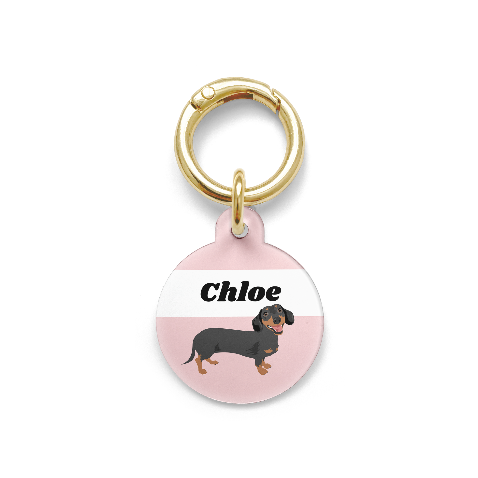 Black and tan dachshund illustration on a circular dog tag with a pink background and gold ring.