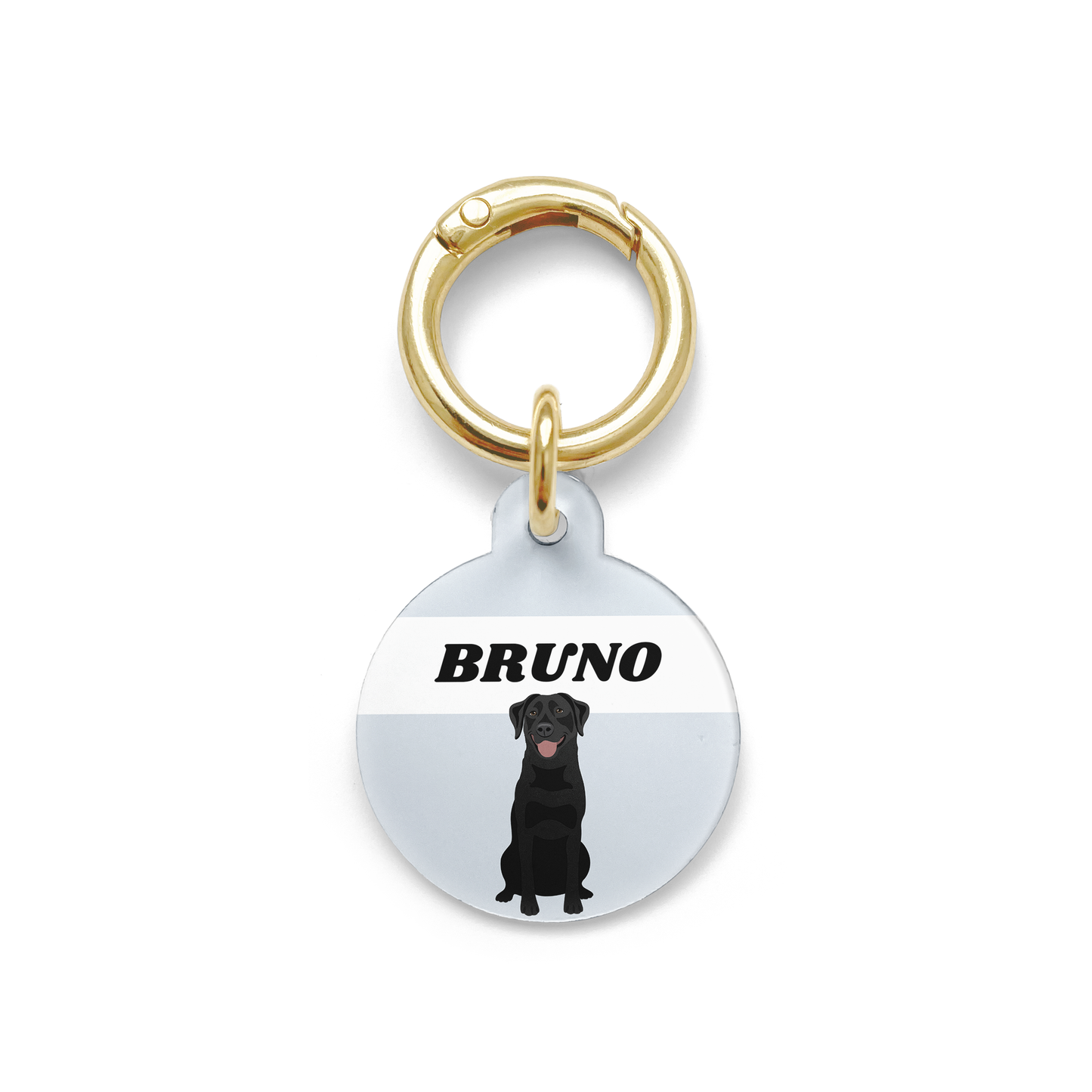 Black Labrador illustration on a circular dog ID tag with a blue background and gold ring.