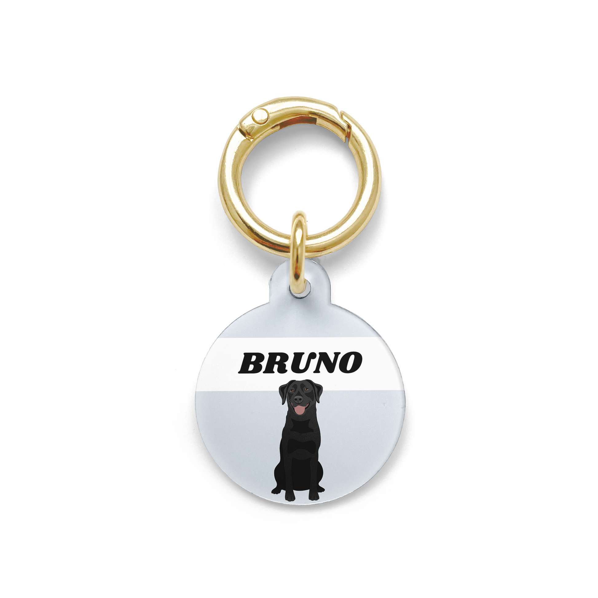 Black Labrador illustration on a circular dog ID tag with a blue background and gold ring.