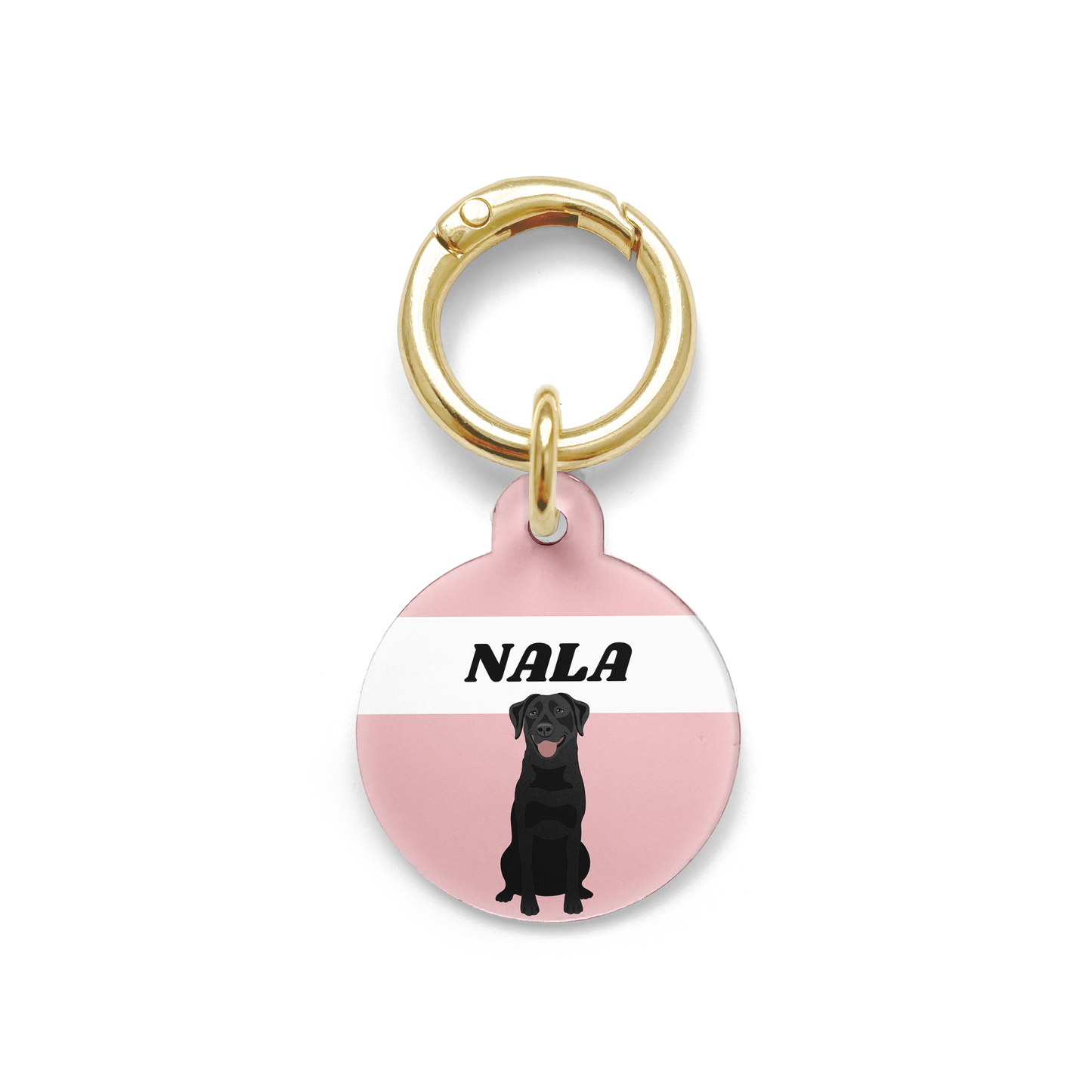 Black Labrador illustration on a circular dog ID tag with a pink background and gold ring.