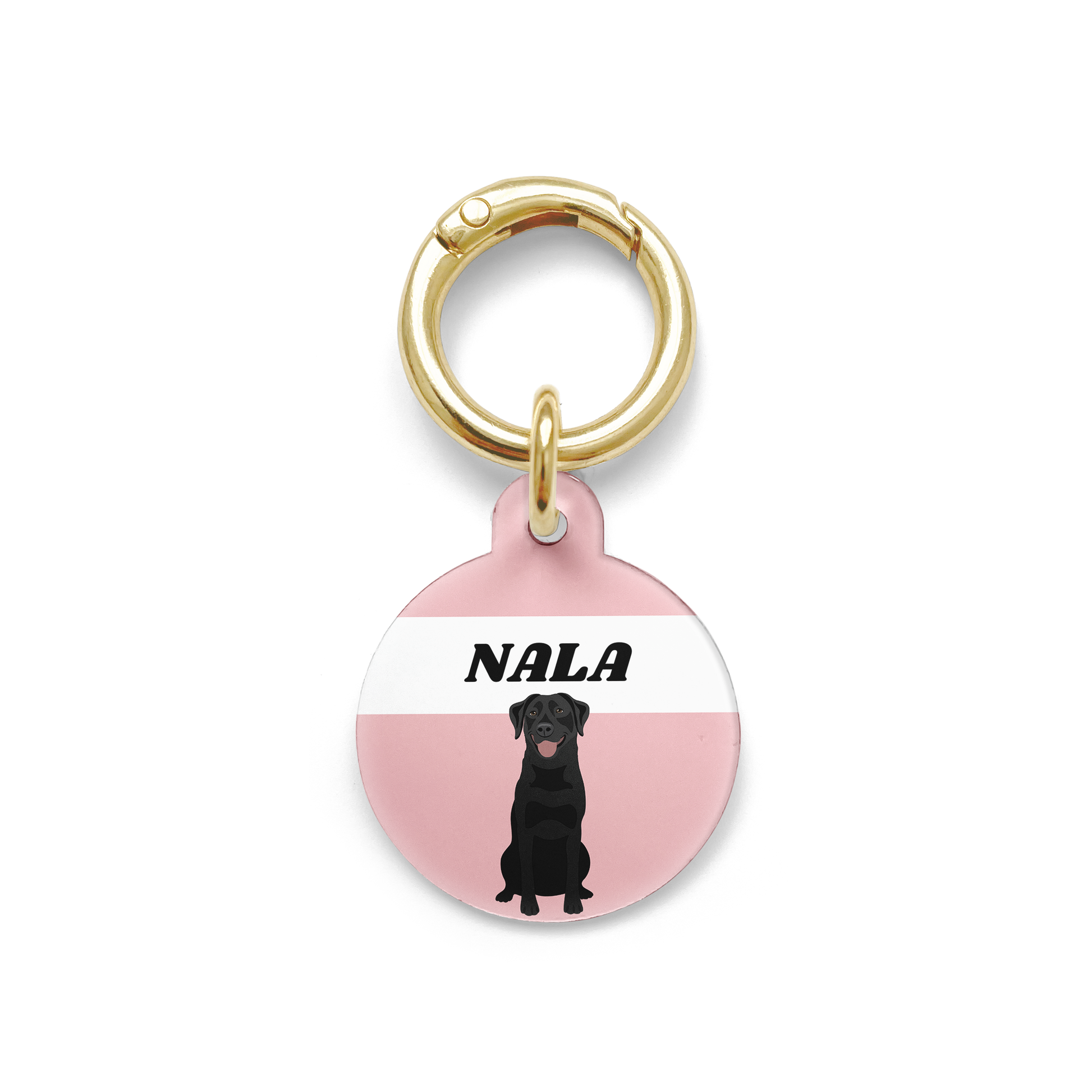 Black Labrador illustration on a circular dog ID tag with a pink background and gold ring.