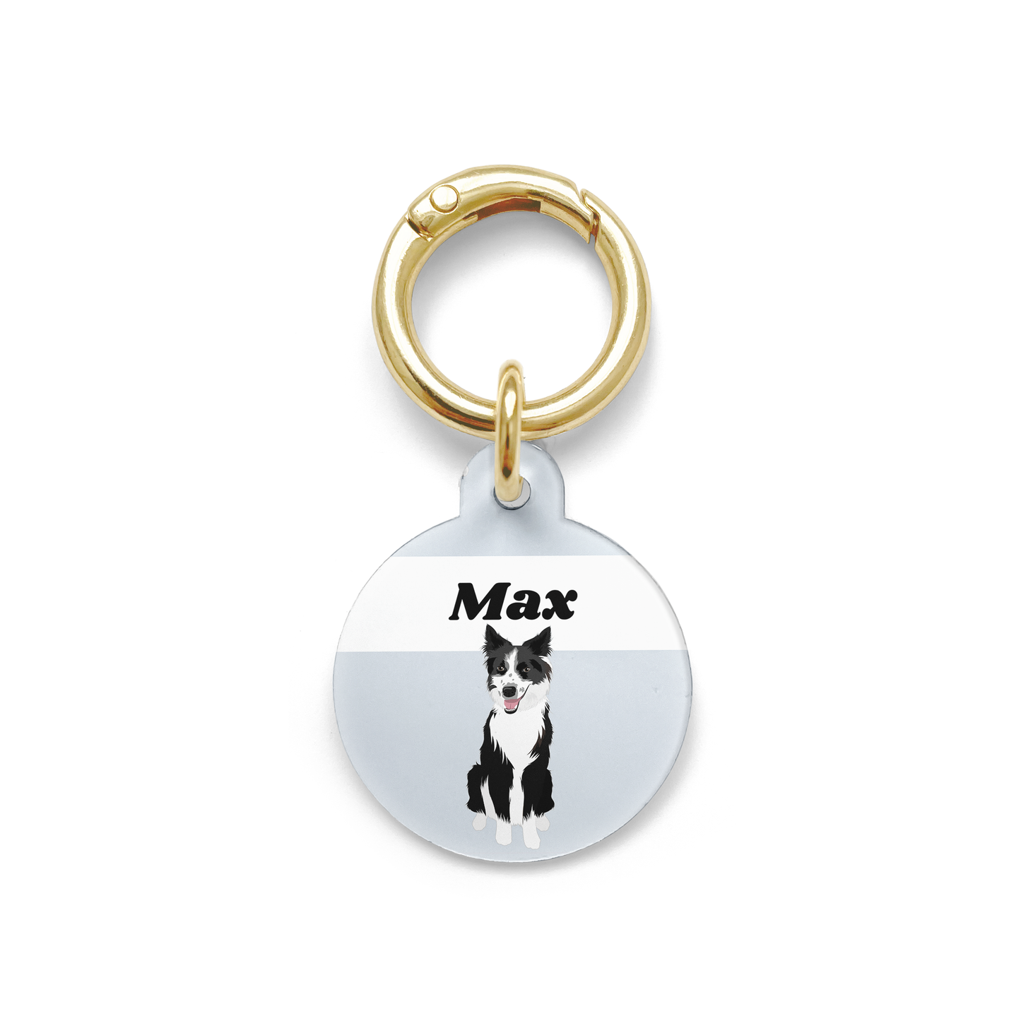 Border Collie illustration on a circular dog ID tag with a blue background and gold ring.