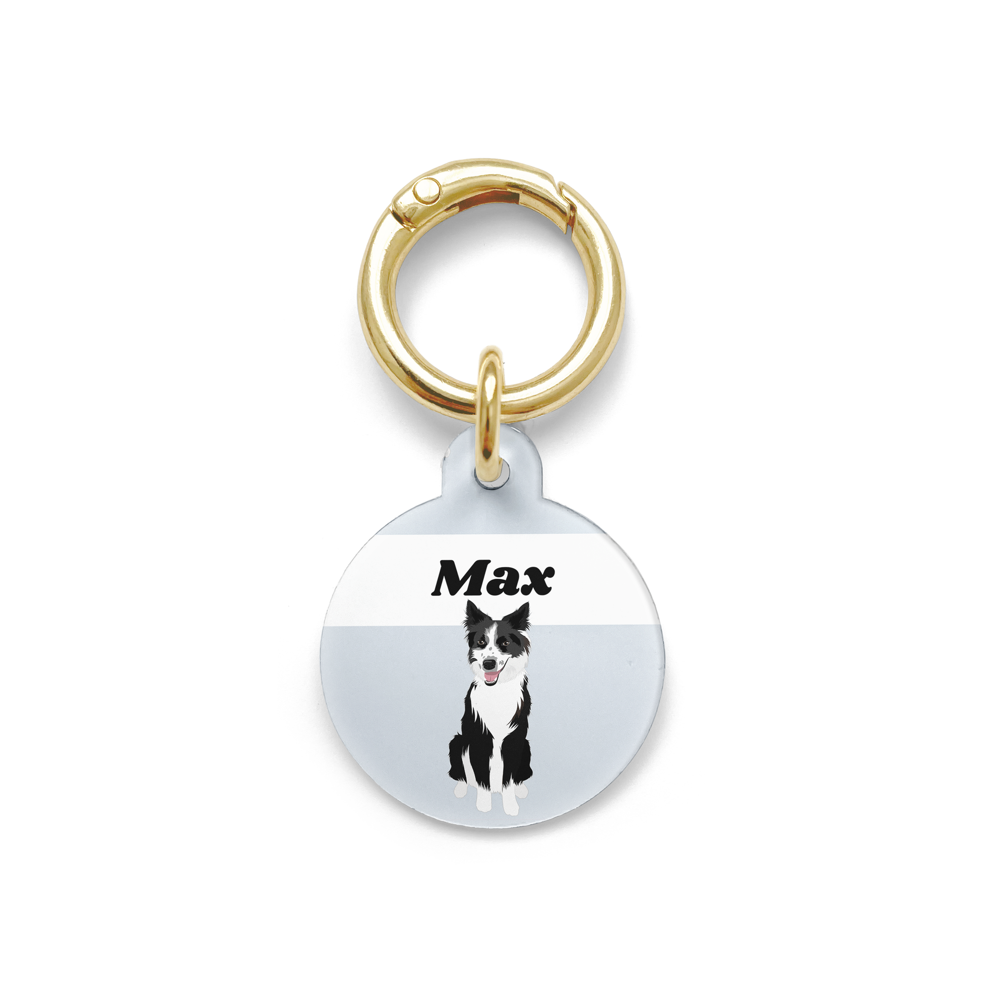 Border Collie illustration on a circular dog ID tag with a blue background and gold ring.
