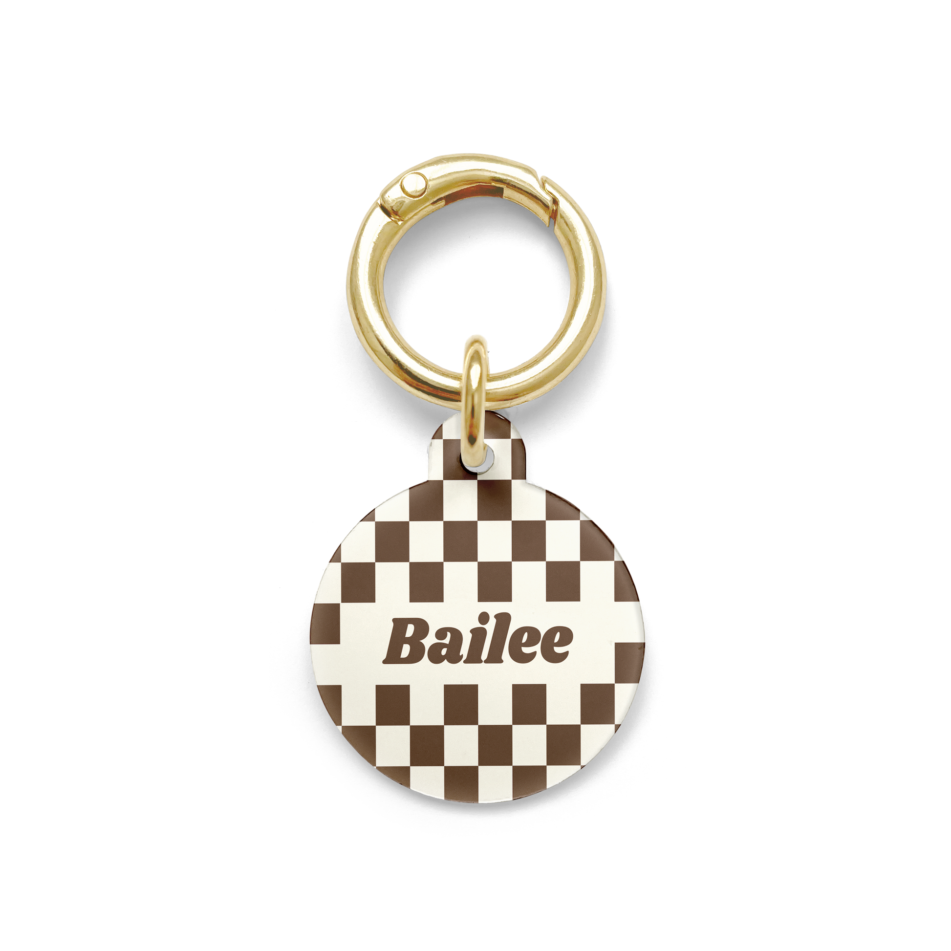 Brown and white checkered Pet ID tag in a circle shape with a gold ring.