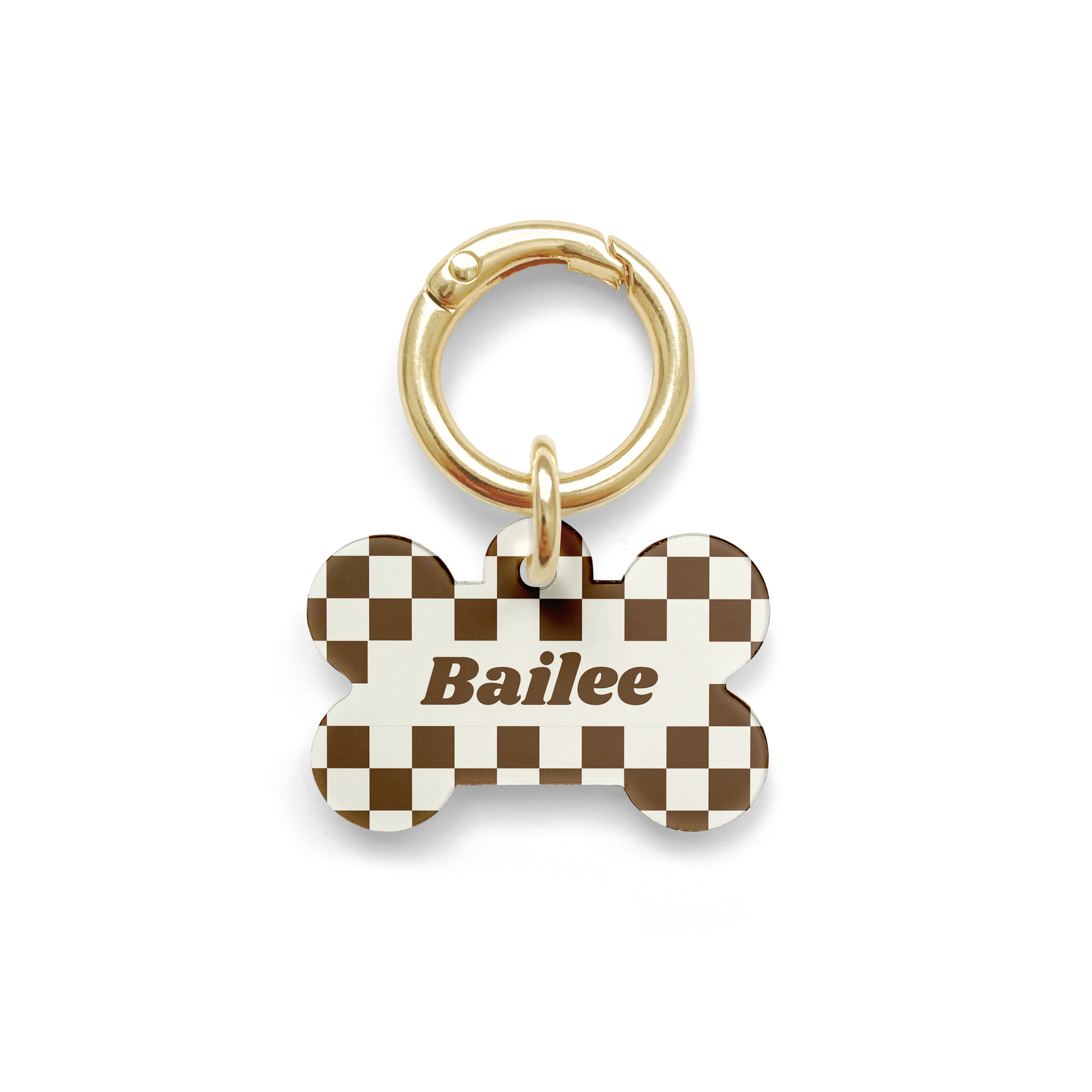 Brown and white checker Pet ID tag in a bone shape with a gold ring.