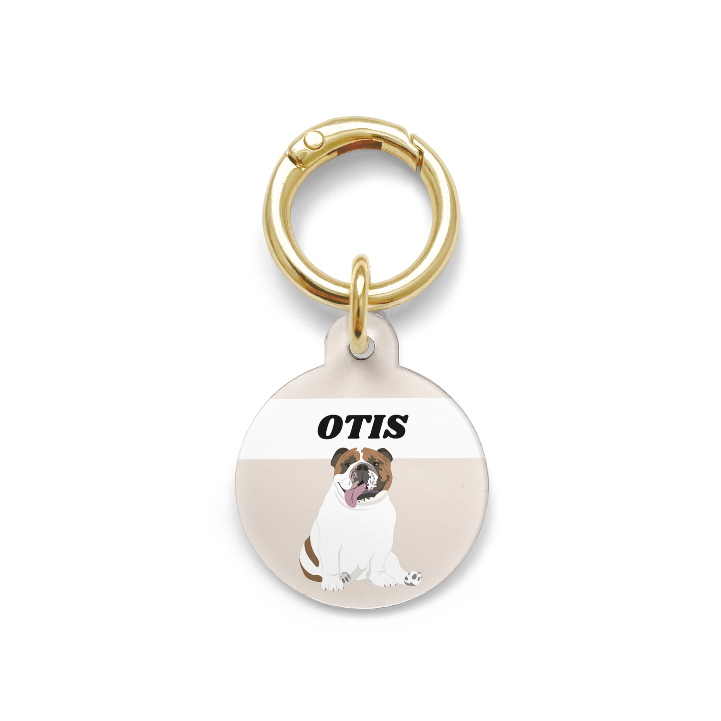 Bulldog illustration on a circular dog ID tag with a beige background and gold ring.