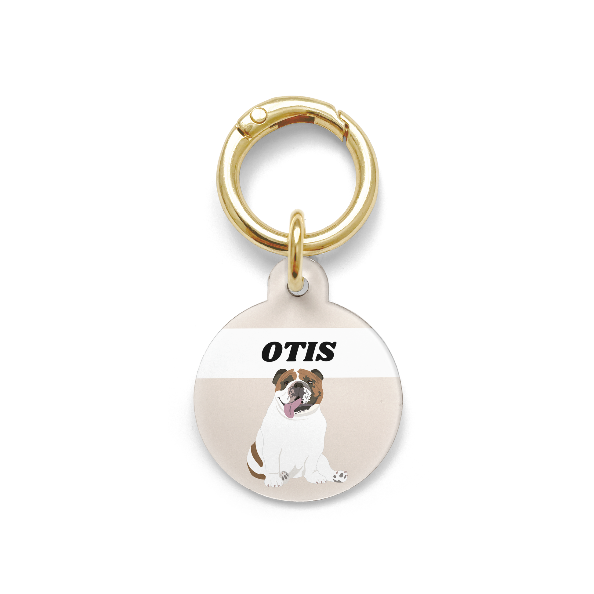 Bulldog illustration on a circular dog ID tag with a beige background and gold ring.