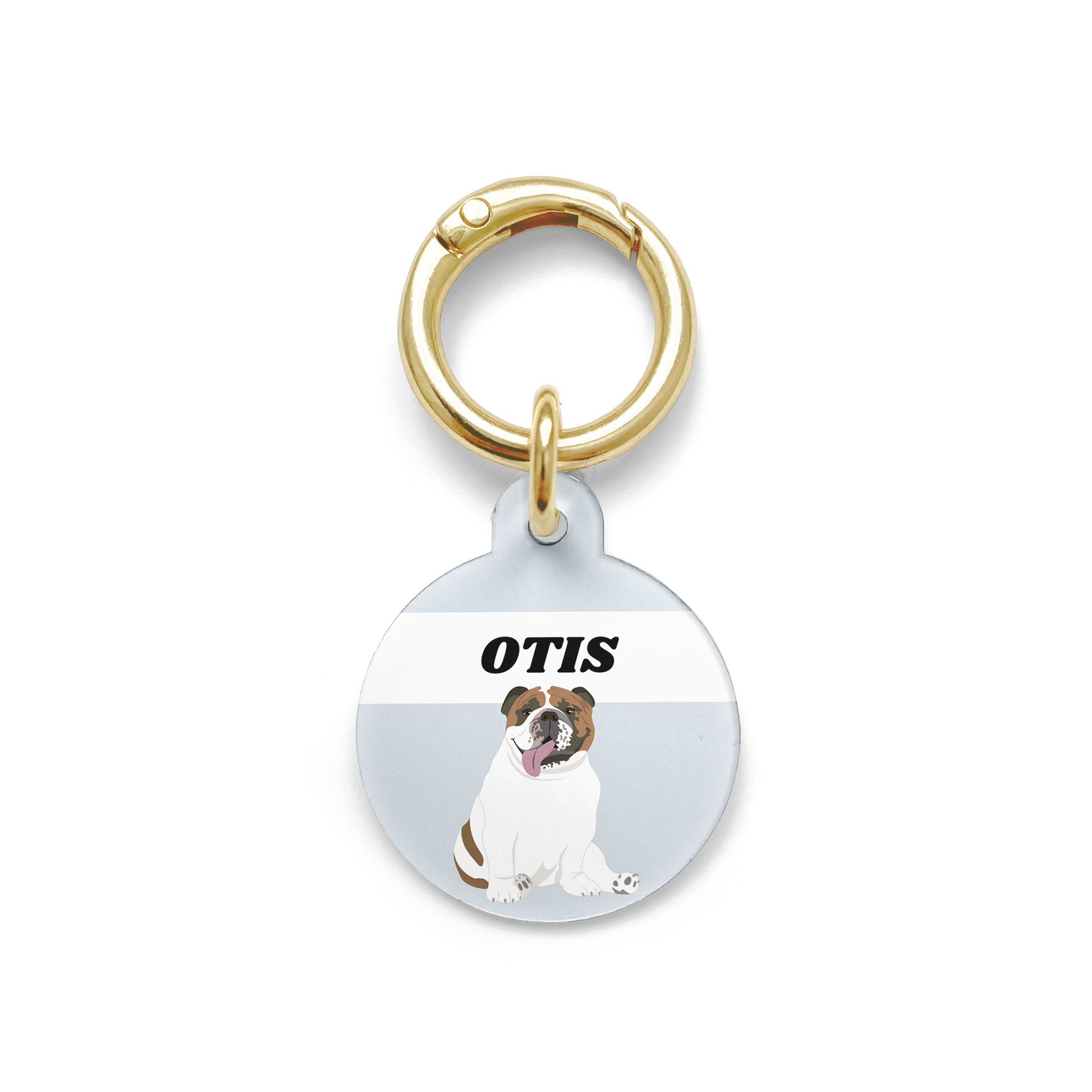 Bulldog illustration on a circular dog ID tag with a blue background and gold ring.