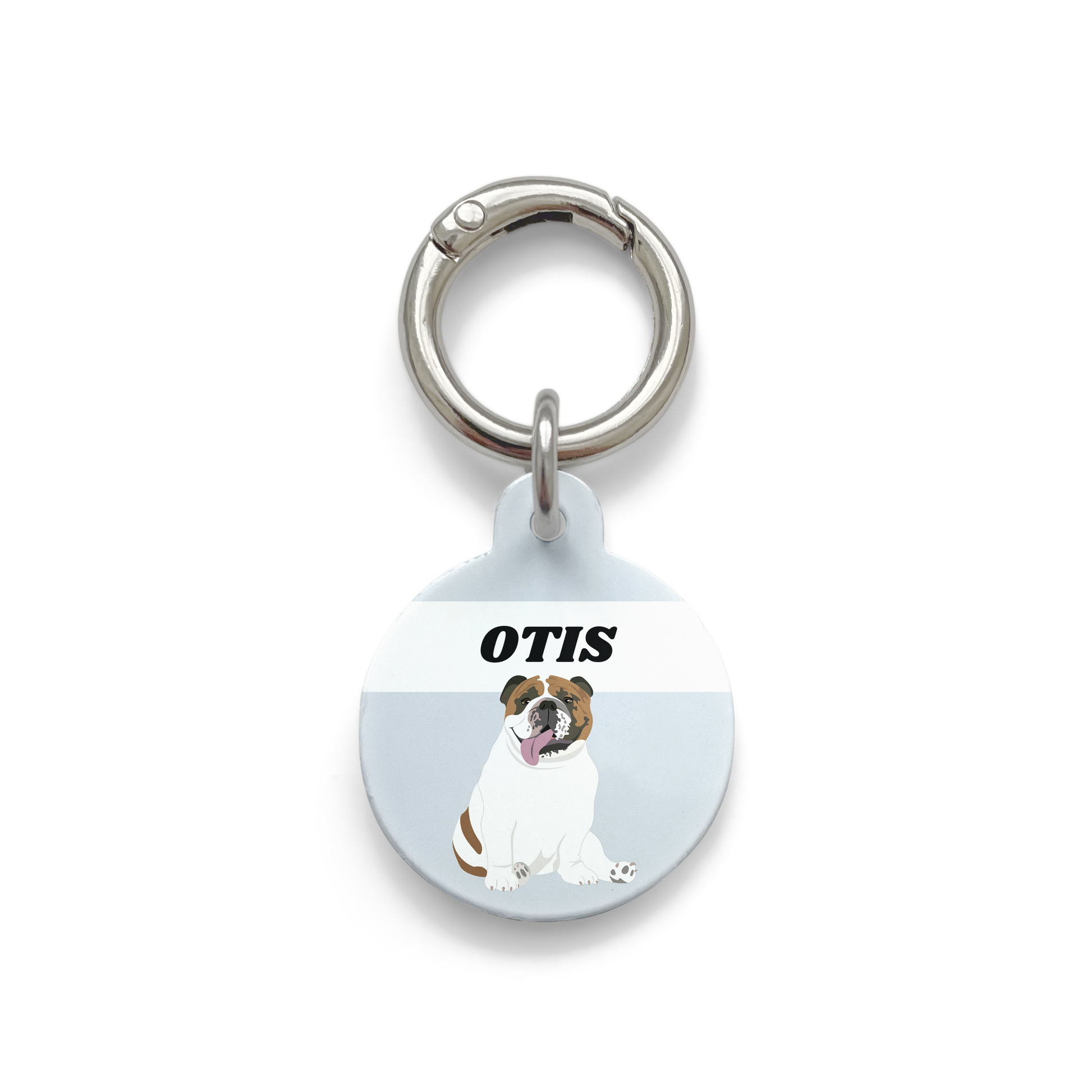 Bulldog illustration on a circular dog ID tag with a blue background and silver ring.