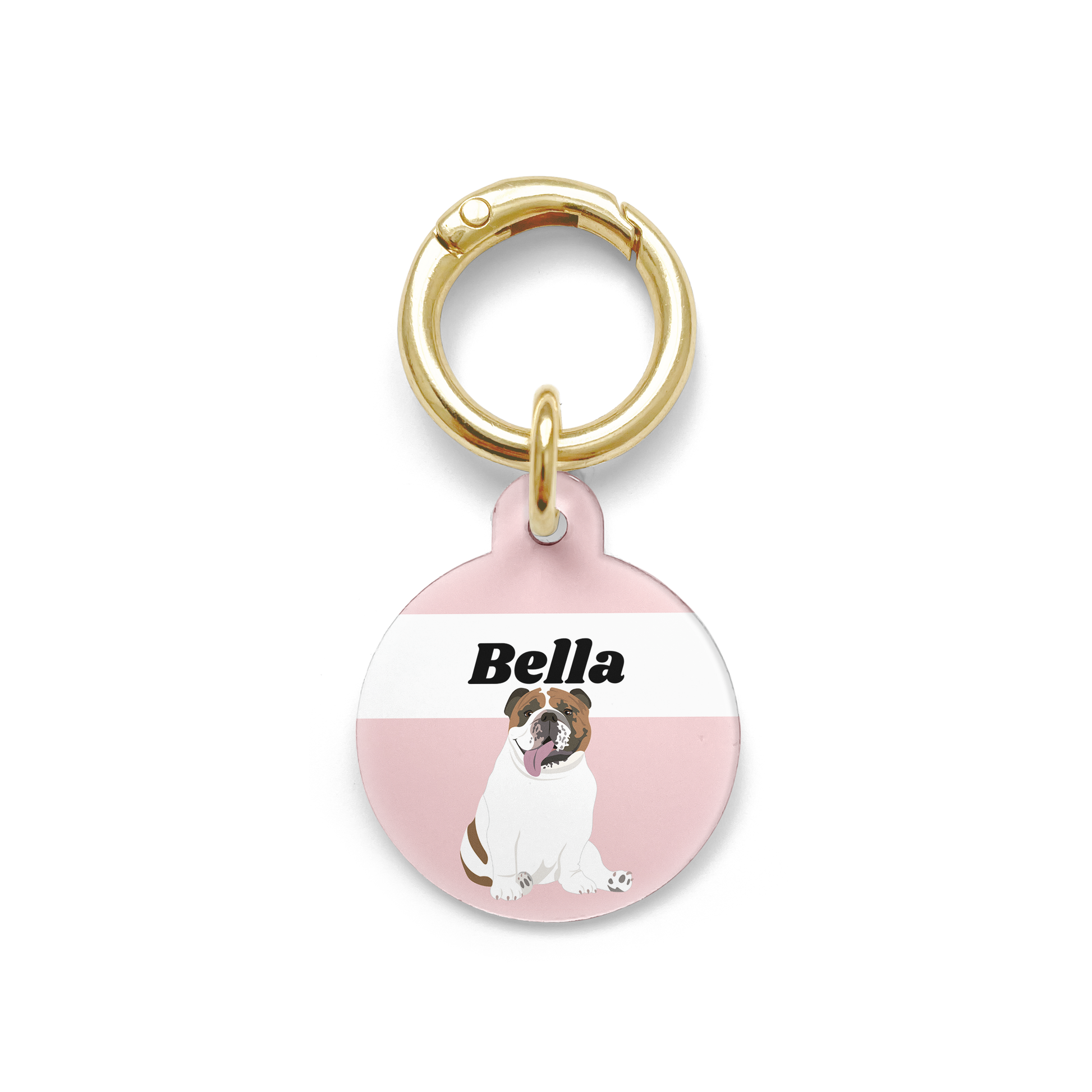 Bulldog illustration on a circular dog ID tag with a pink background and gold ring.