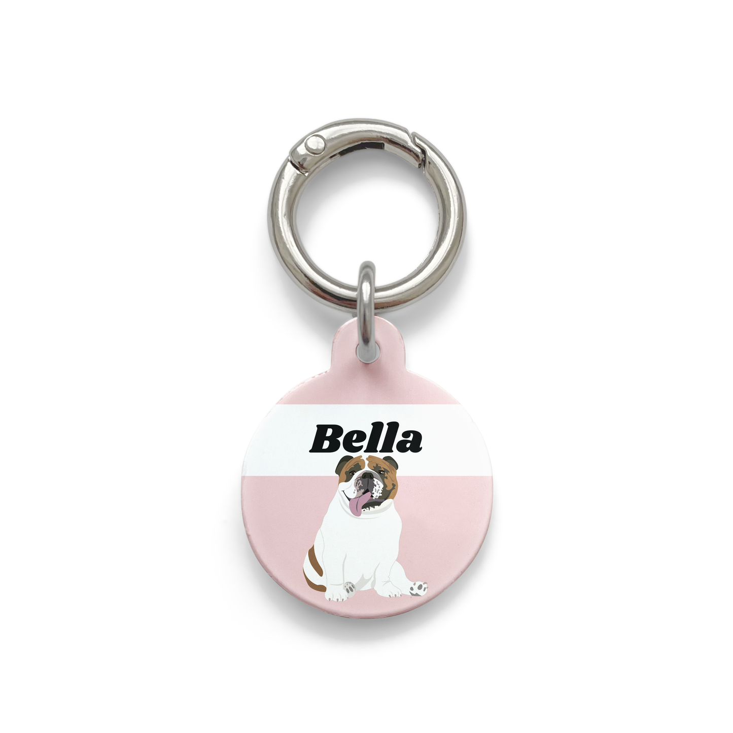 Bulldog illustration on a circular dog ID tag with a pink background and silver ring.