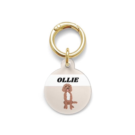 Cavoodle illustration on a circular dog ID tag with a beige background and gold ring.