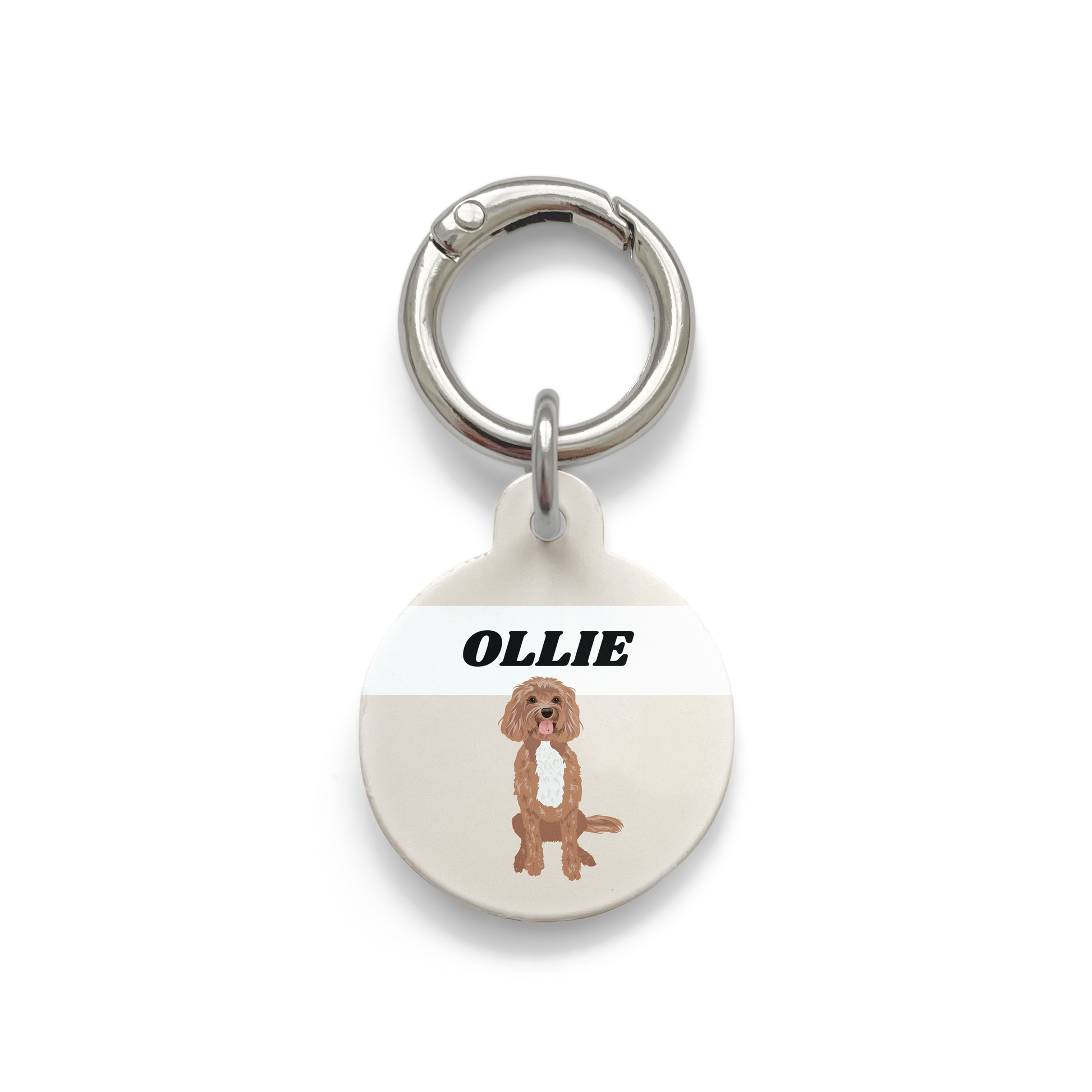 Cavoodle illustration on a circular dog ID tag with a beige background and silver ring.