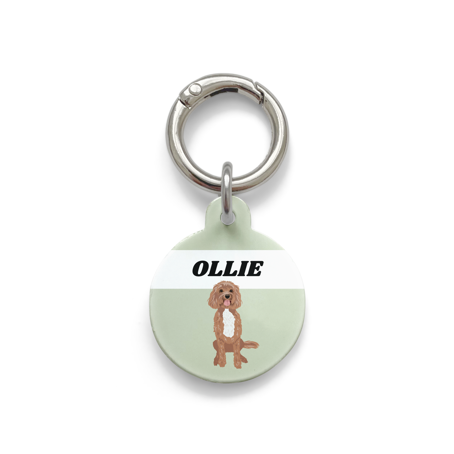 Cavoodle illustration on a circular dog ID tag with a green background and silver ring.