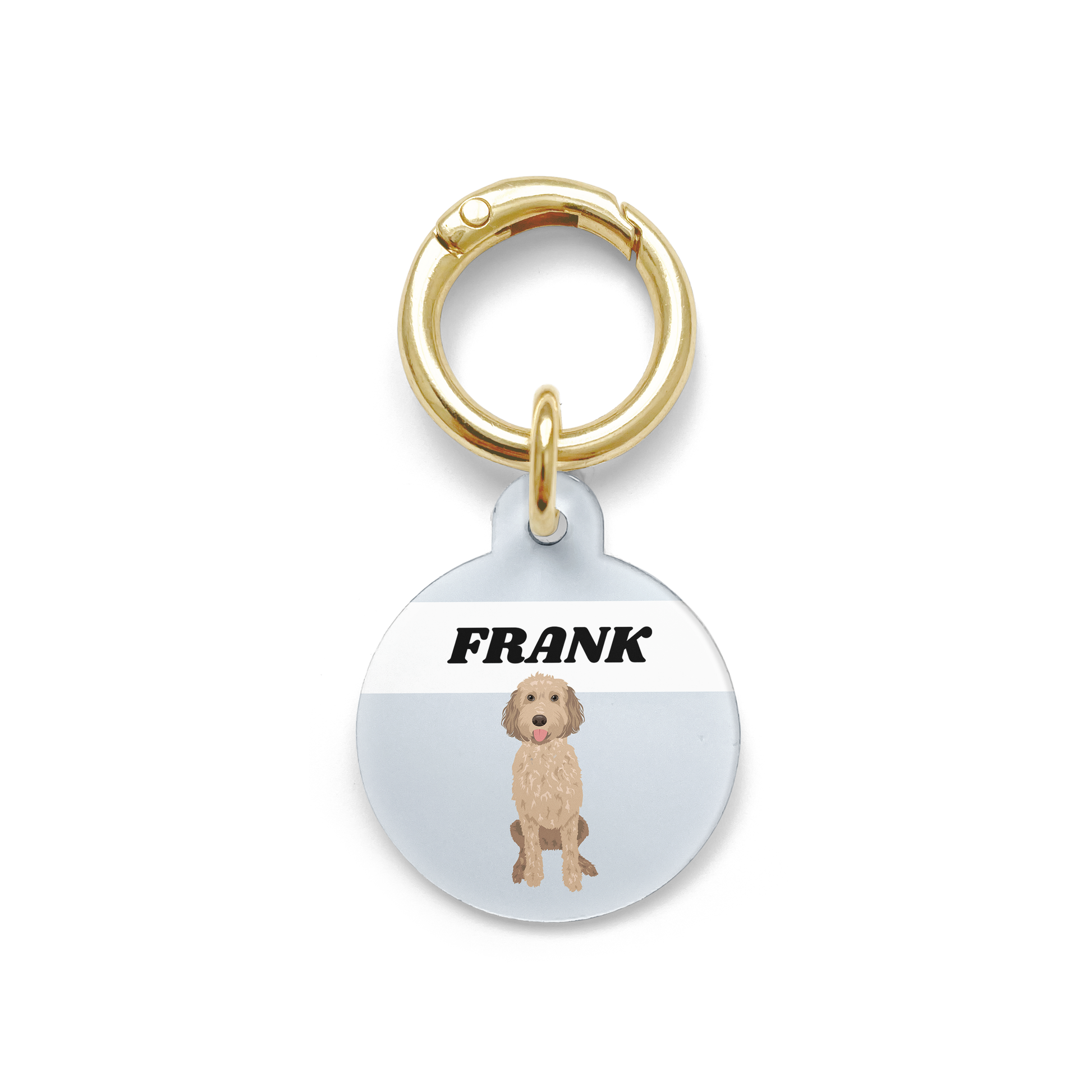 Groodle illustration on a circular dog ID tag with a blue background and gold ring.