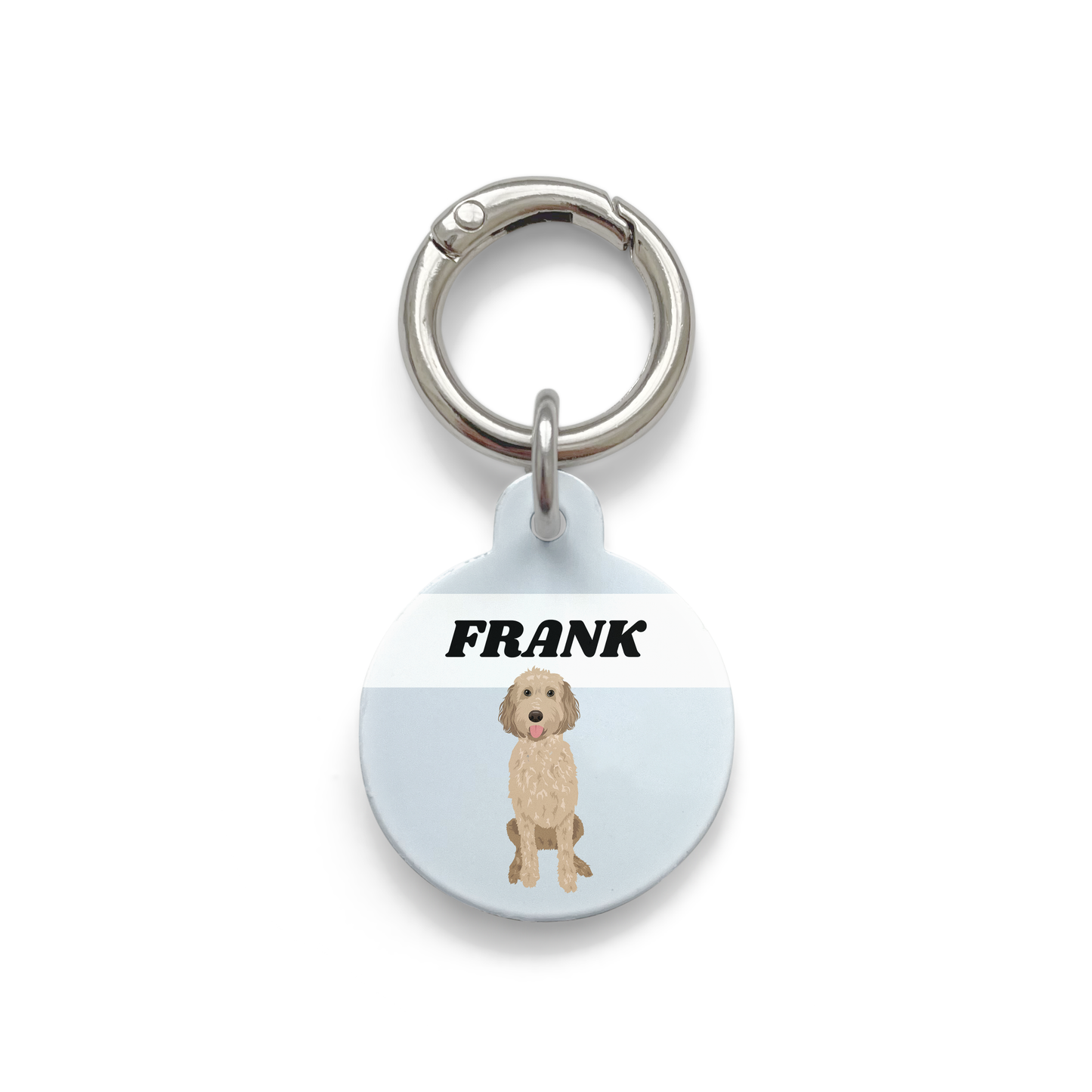 Groodle illustration on a circular dog ID tag with a blue background and silver ring.