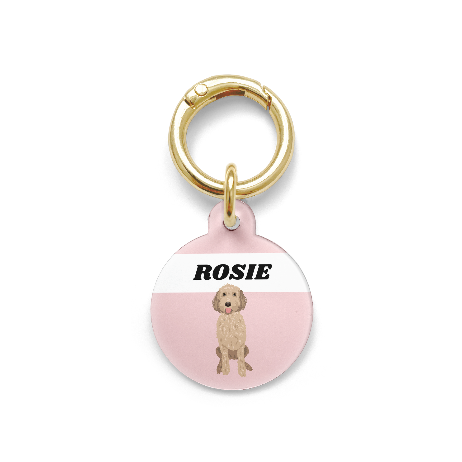 Groodle illustration on a circular dog ID tag with a pink background and gold ring.