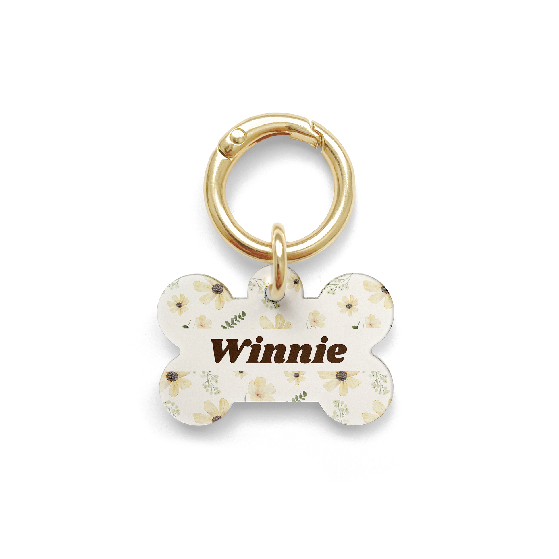 Floral sunflower design on a bone shaped pet ID tag with a gold ring.