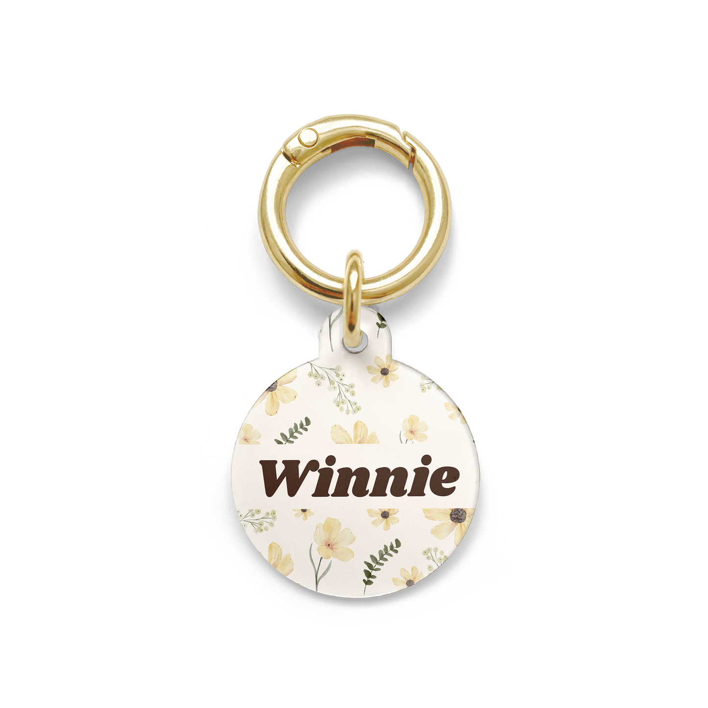 Floral sunflower design on a circular pet ID tag with a gold ring.