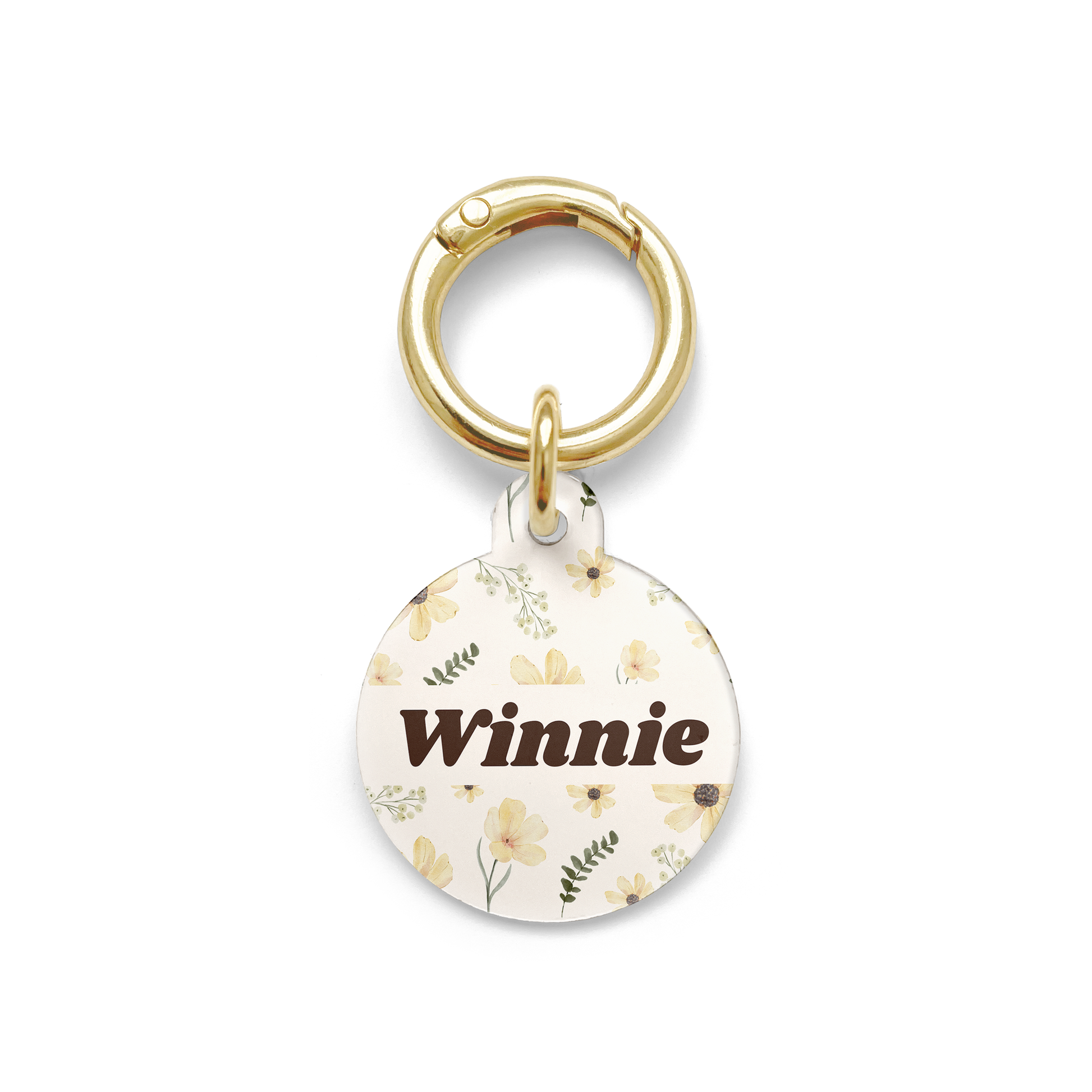 Floral sunflower design on a circular pet ID tag with a gold ring.
