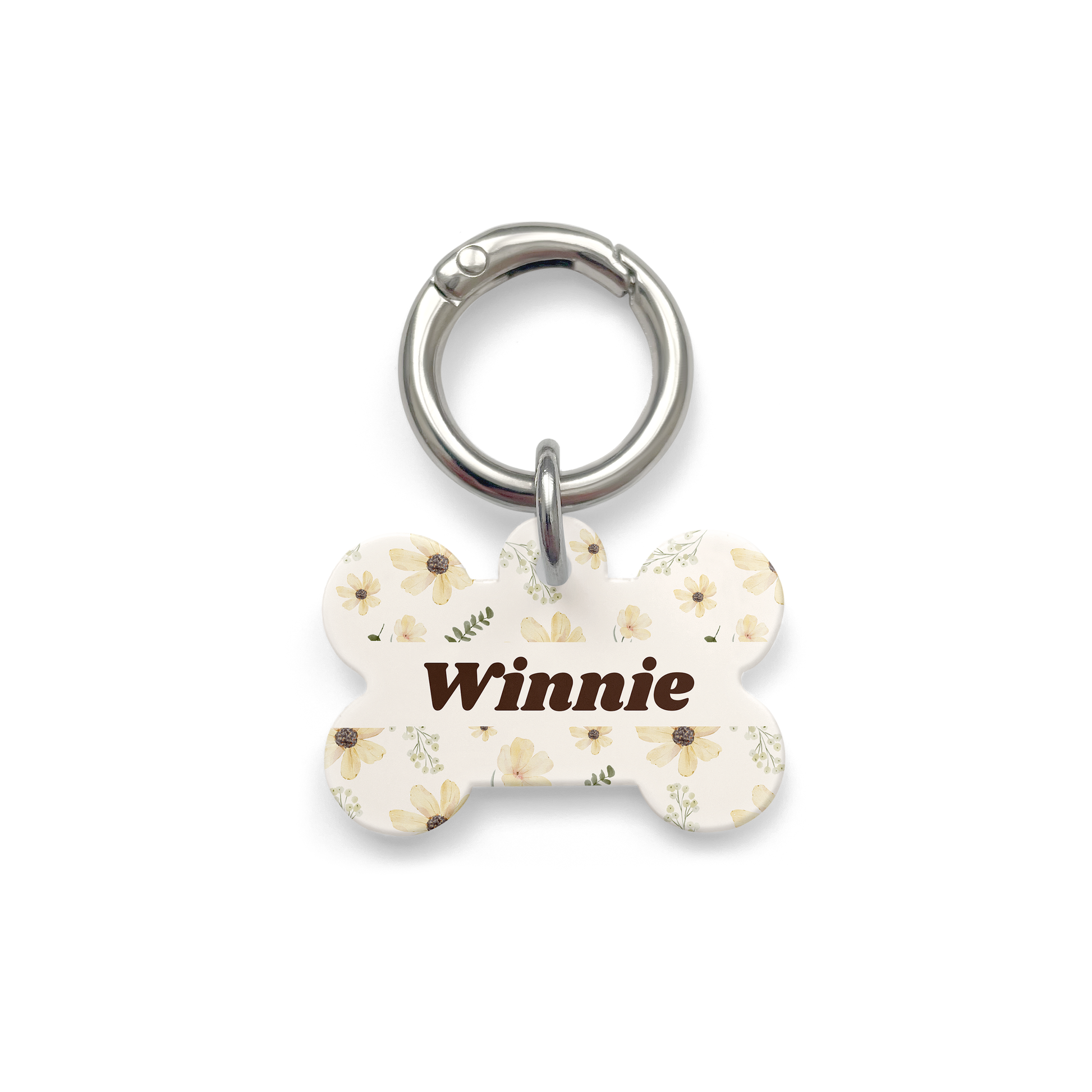 Floral sunflower design on a bone shaped pet ID tag with a silver ring.