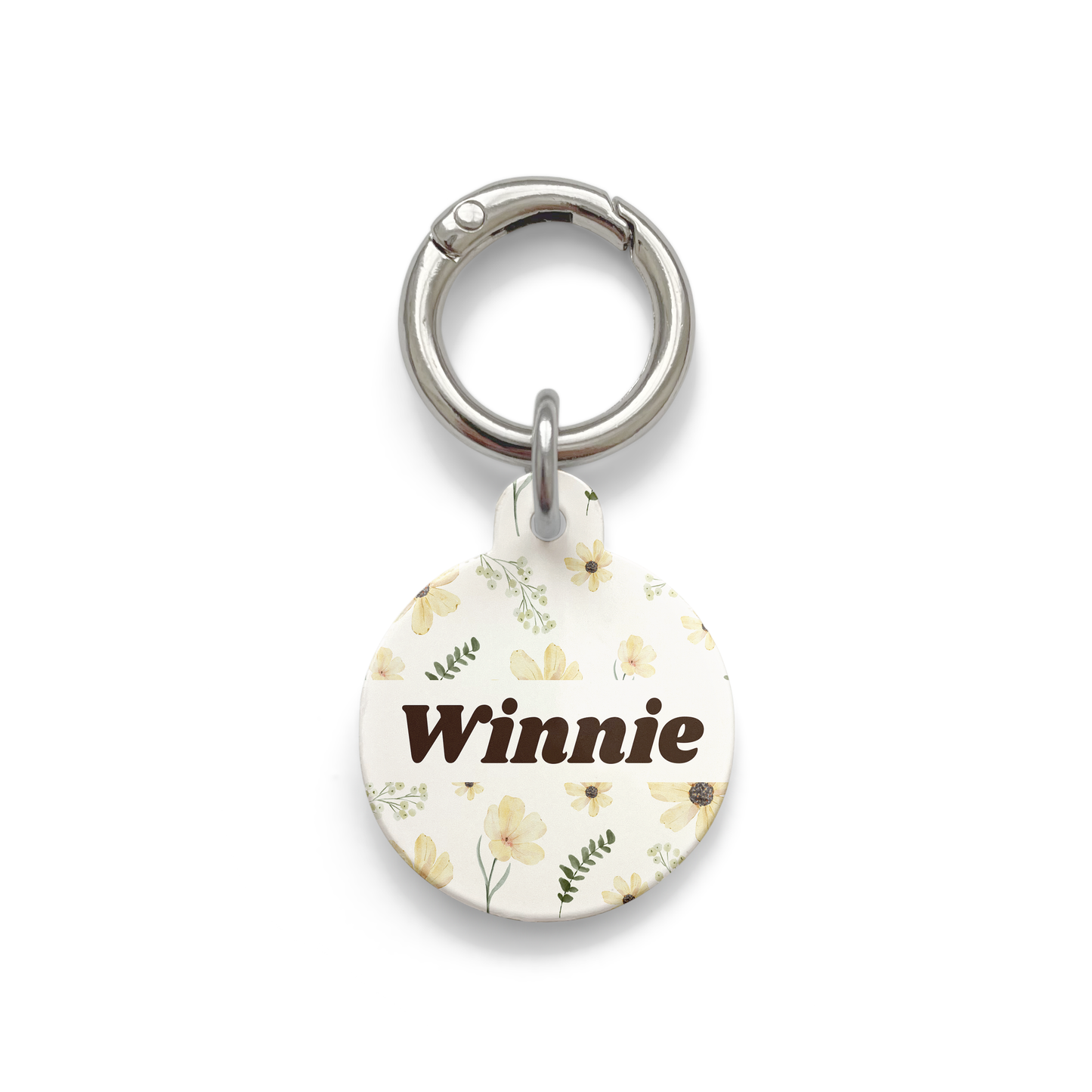 Floral sunflower design on a circular pet ID tag with a silver ring.