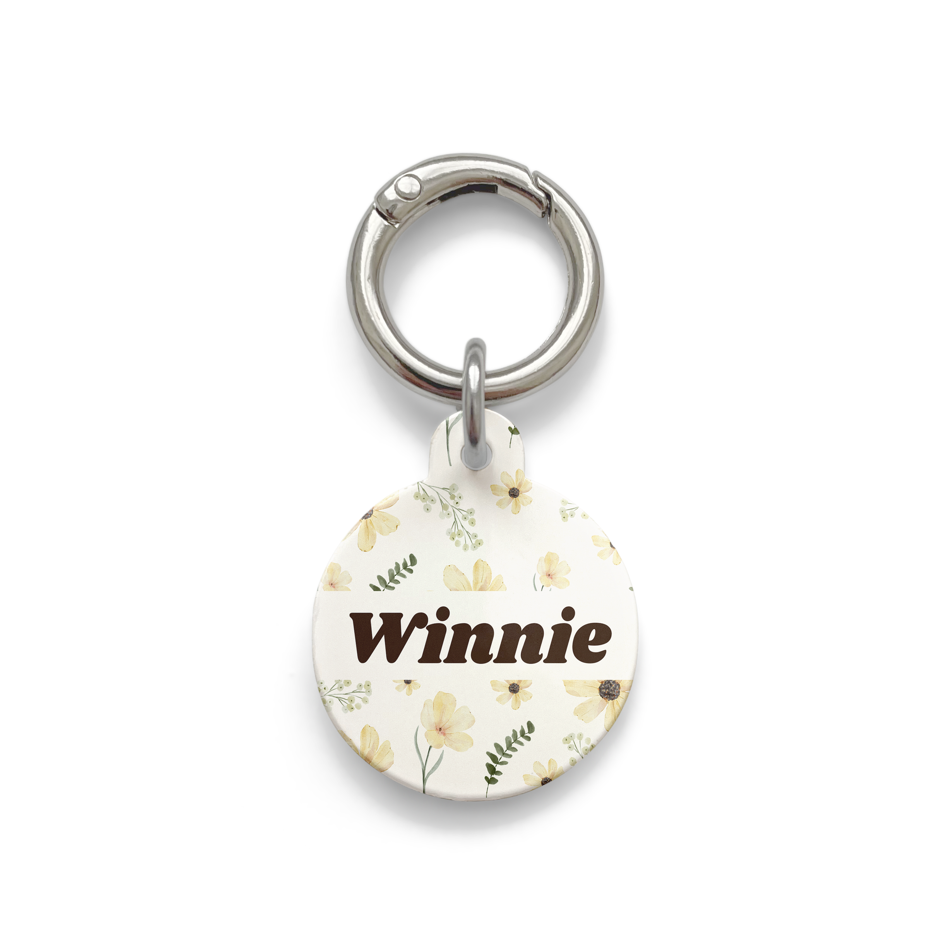 Floral sunflower design on a circular pet ID tag with a silver ring.