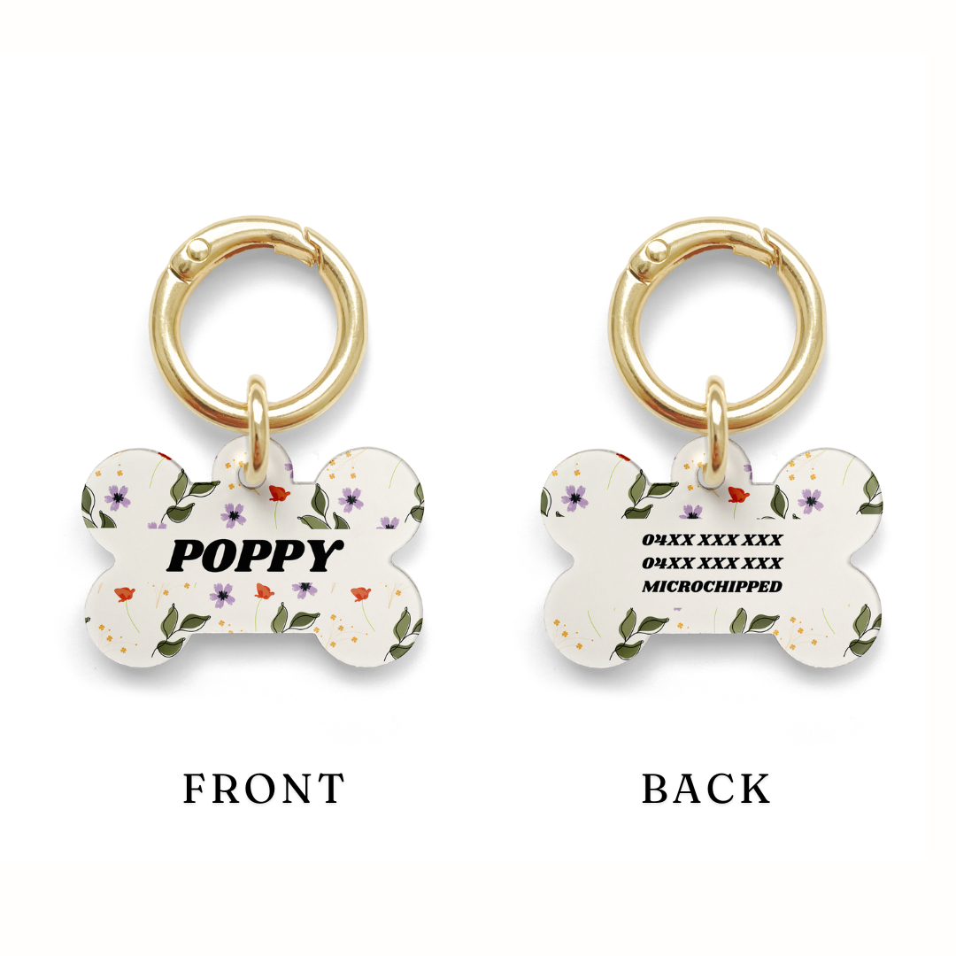 Example showing where your contact details can be added to the In the Garden Pet ID Tag from Parcs Dog Apparel