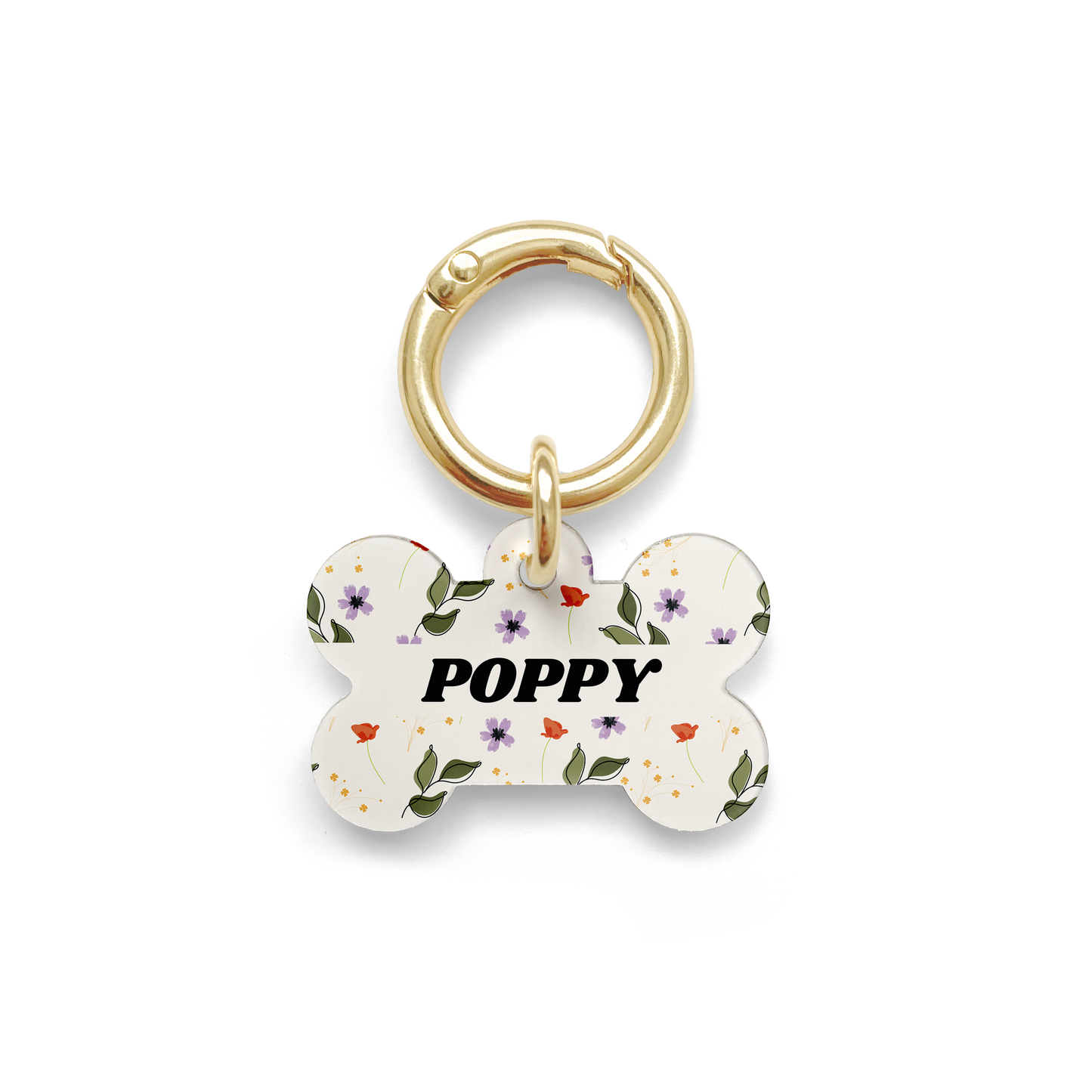 red, purple and green floral patterned pet ID tag in the shape of a bone with a gold ring