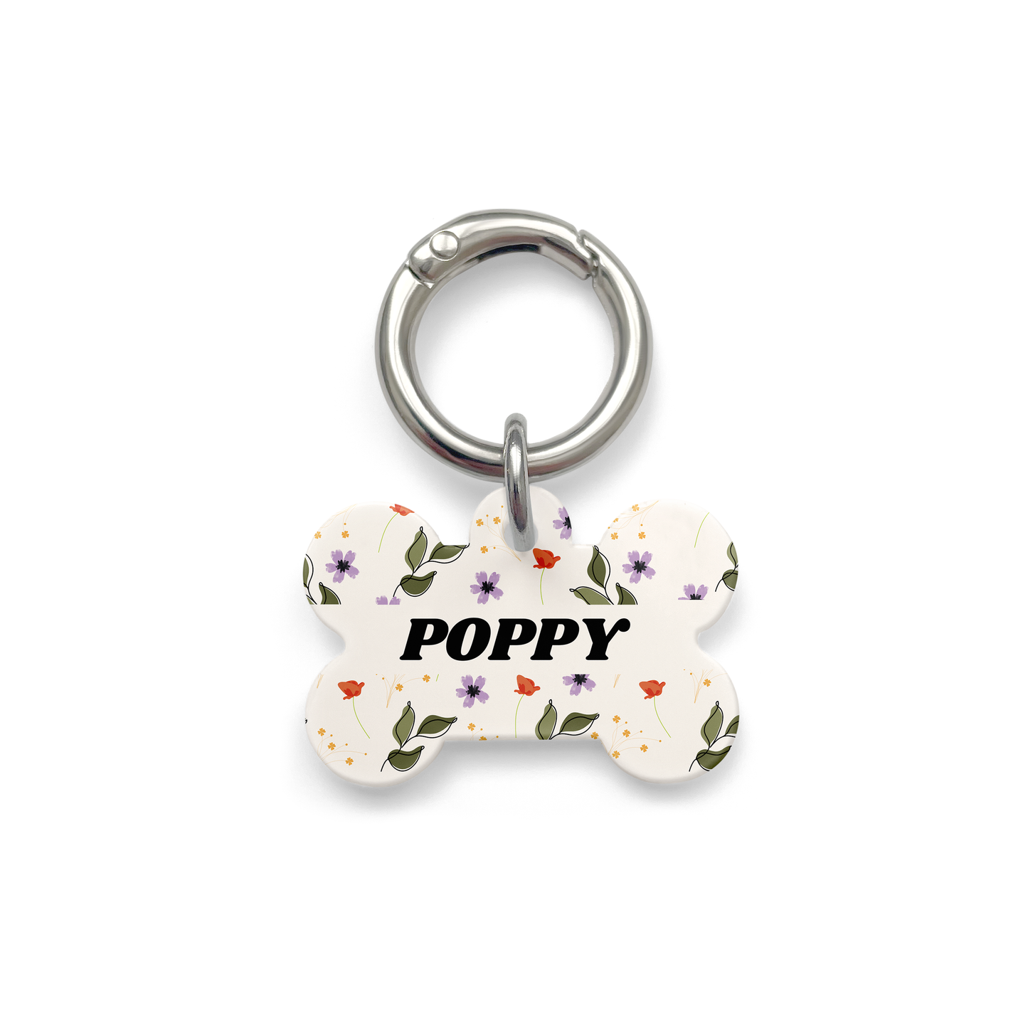 red, purple and green floral patterned pet ID tag in the shape of a bone with a silver ring