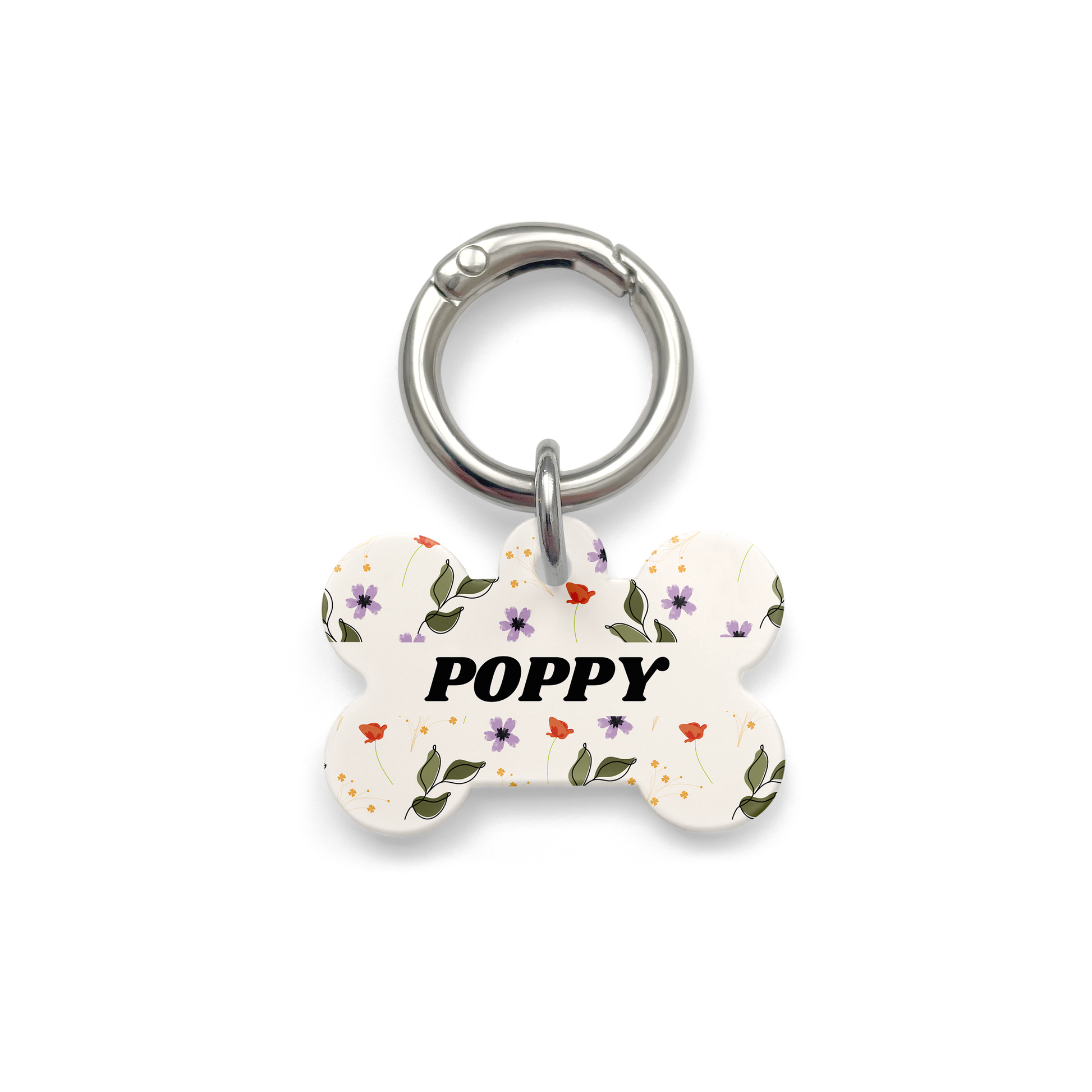 red, purple and green floral patterned pet ID tag in the shape of a bone with a silver ring