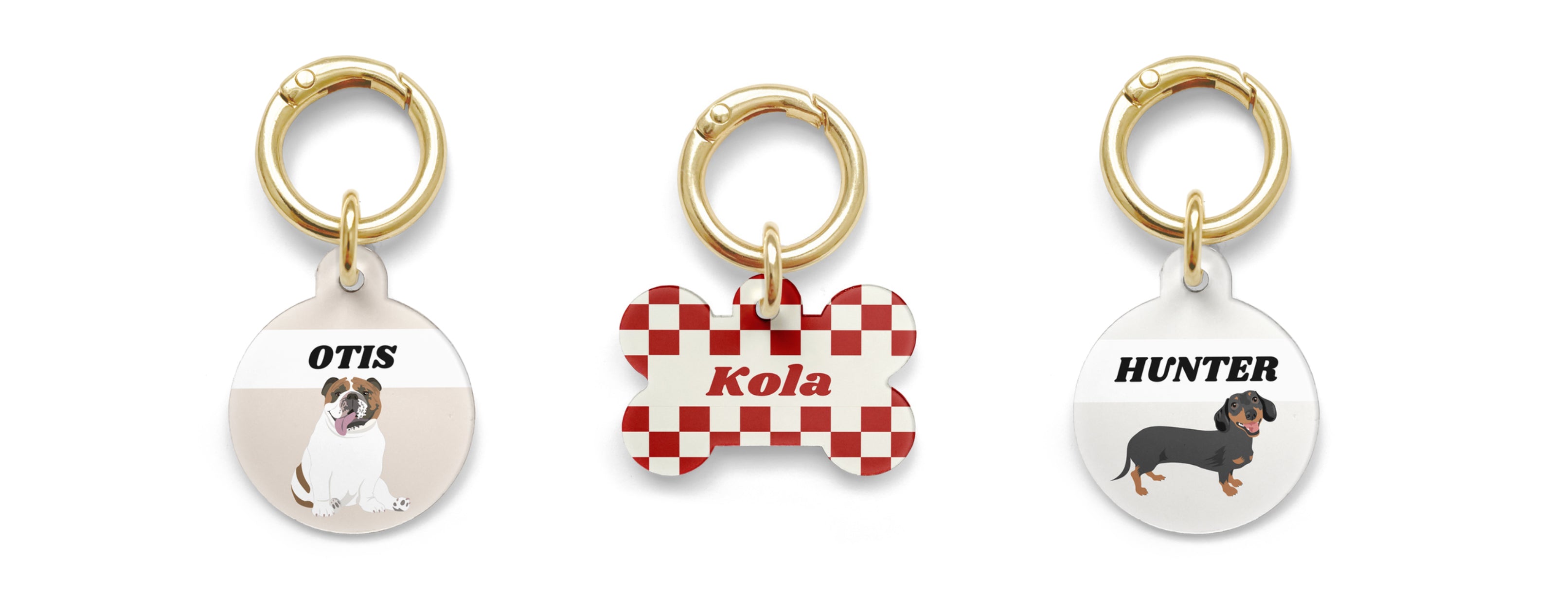 Three Pet ID Tags from Parcs Dog Apparel sitting on a white background